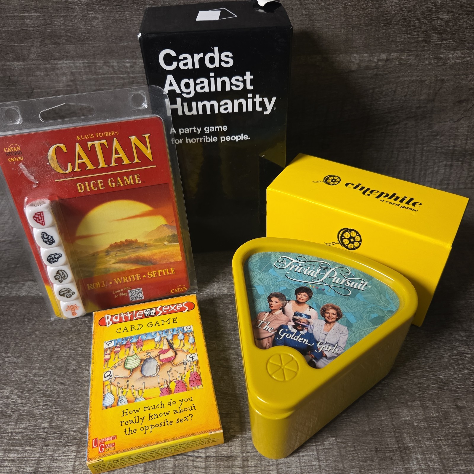 5 party games lot – Cards Against Humanity Catan dice Cinephile Battle of Sexes