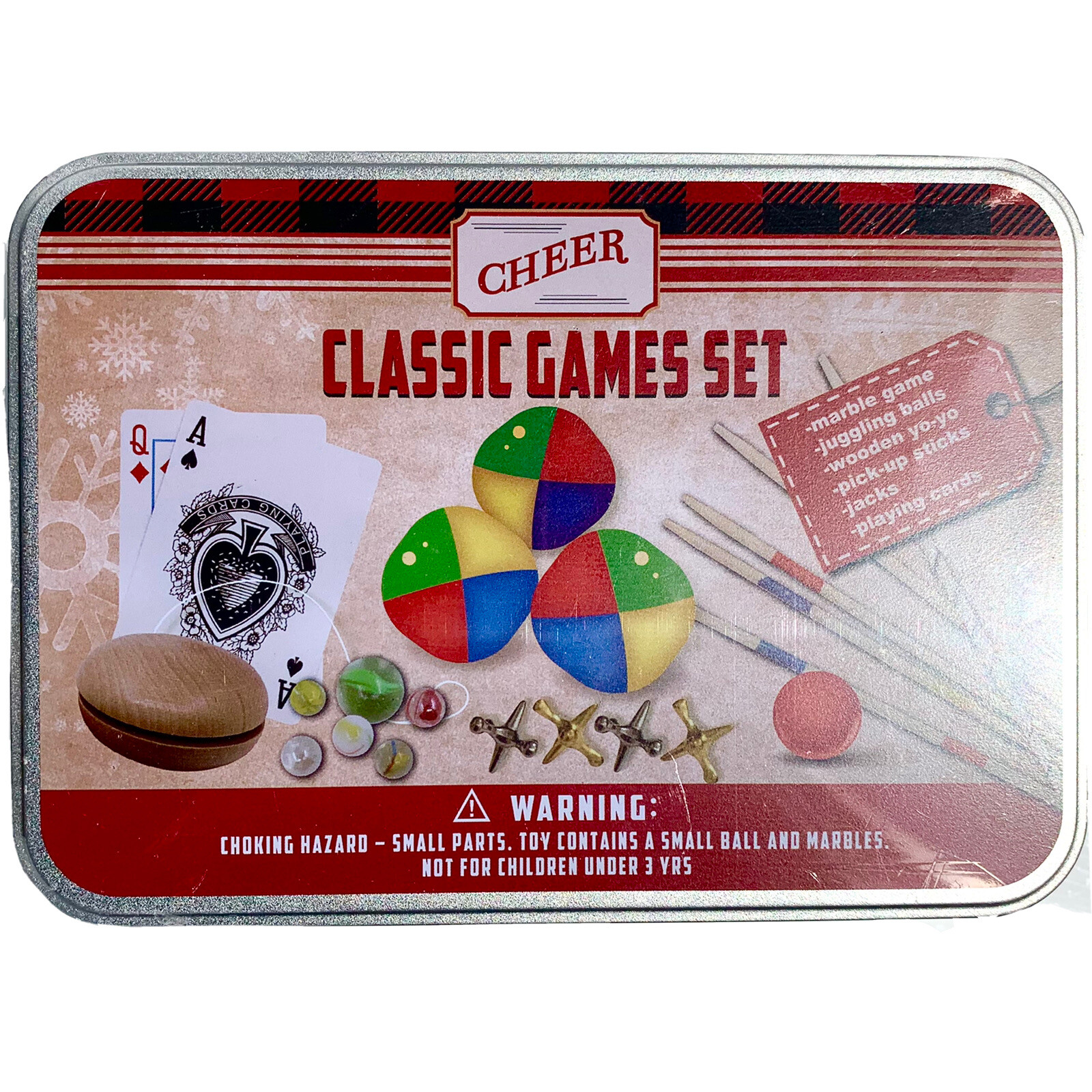 Classic Games Tin Case toy gift -marbles juggling yoyo jacks cards pickup sticks