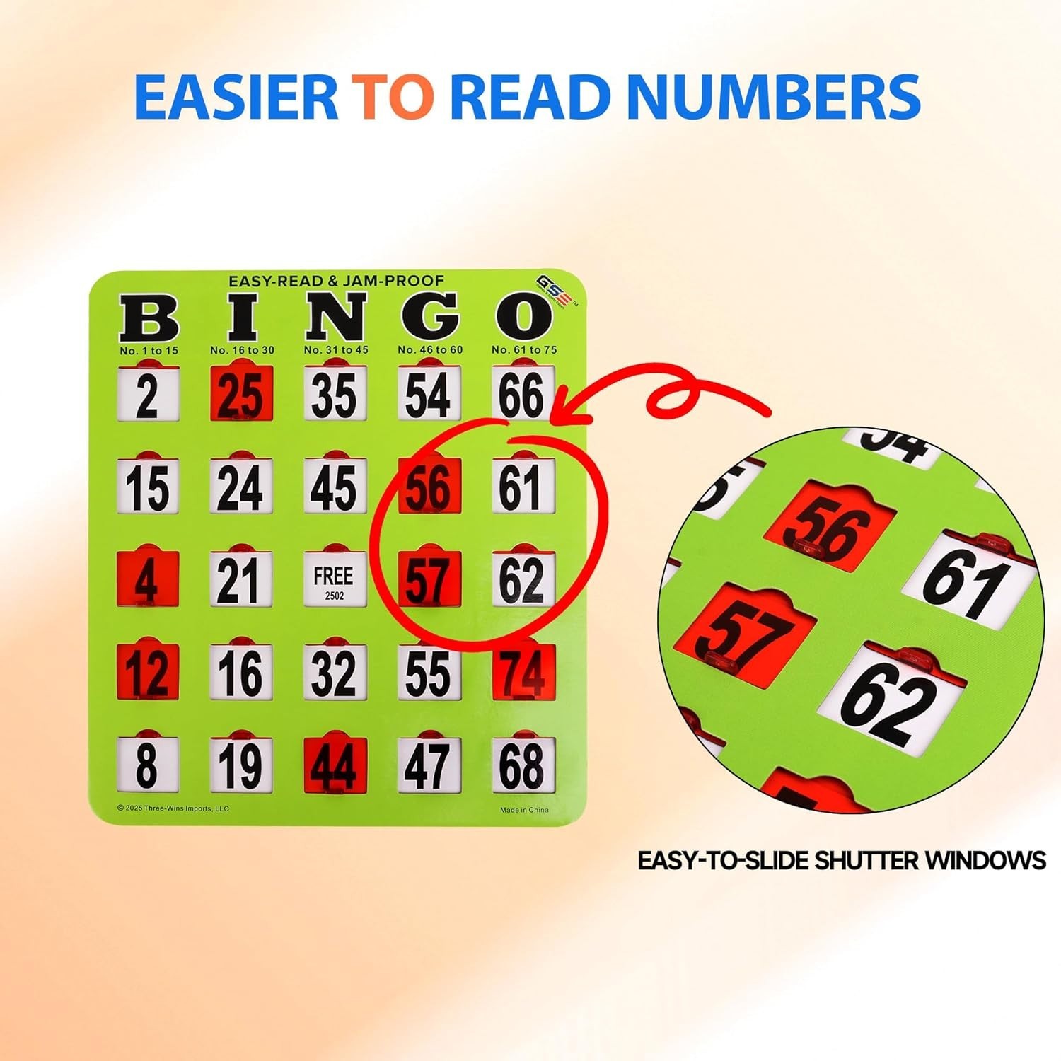 GSE 10-Pack Jumbo Reusable Shutter Slide Bingo Cards w/Large Easy-Read Numbers