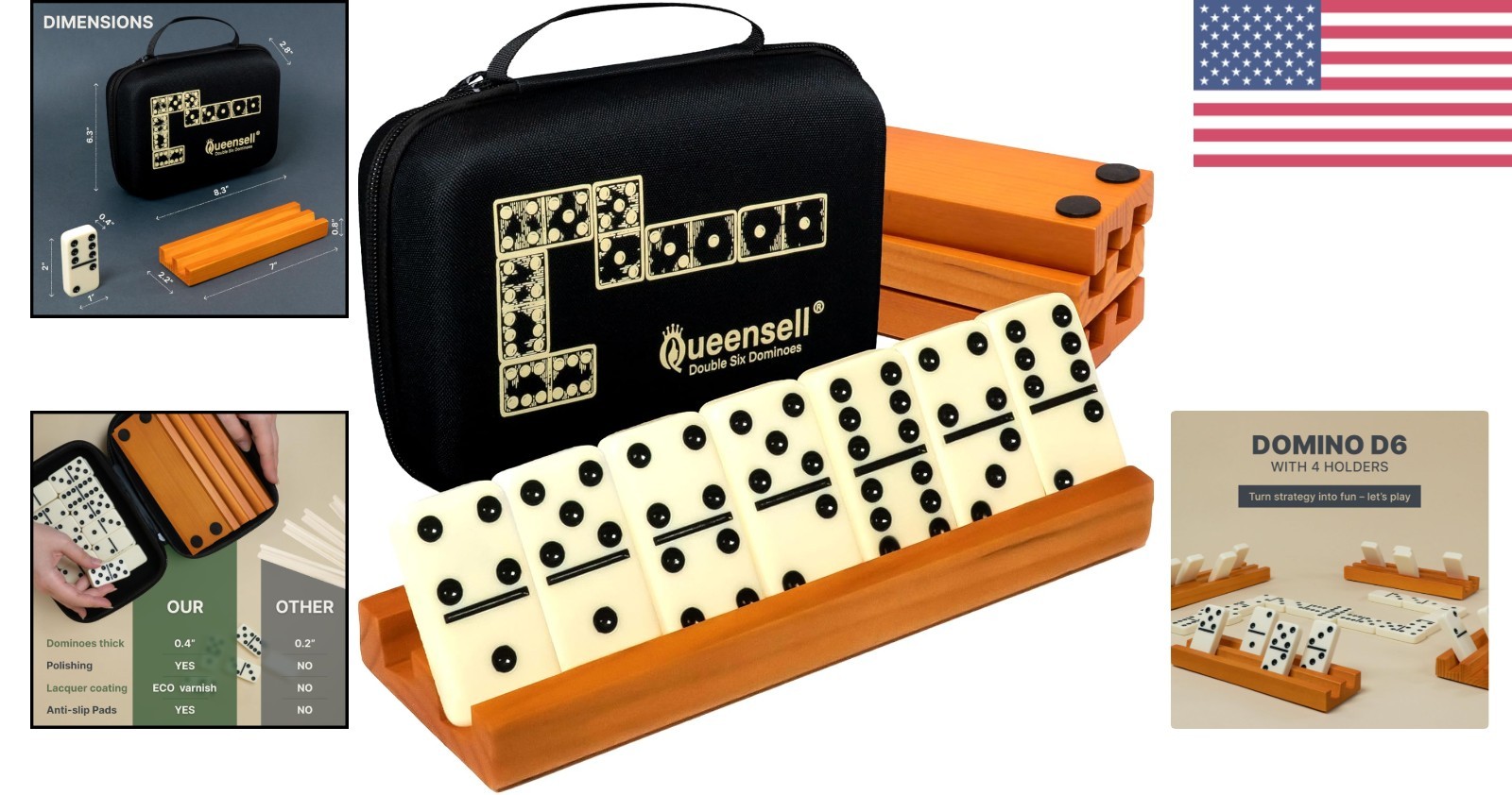 Wood Domino Set with 28 Double Six Tiles and 4 Racks for Family Game Nights