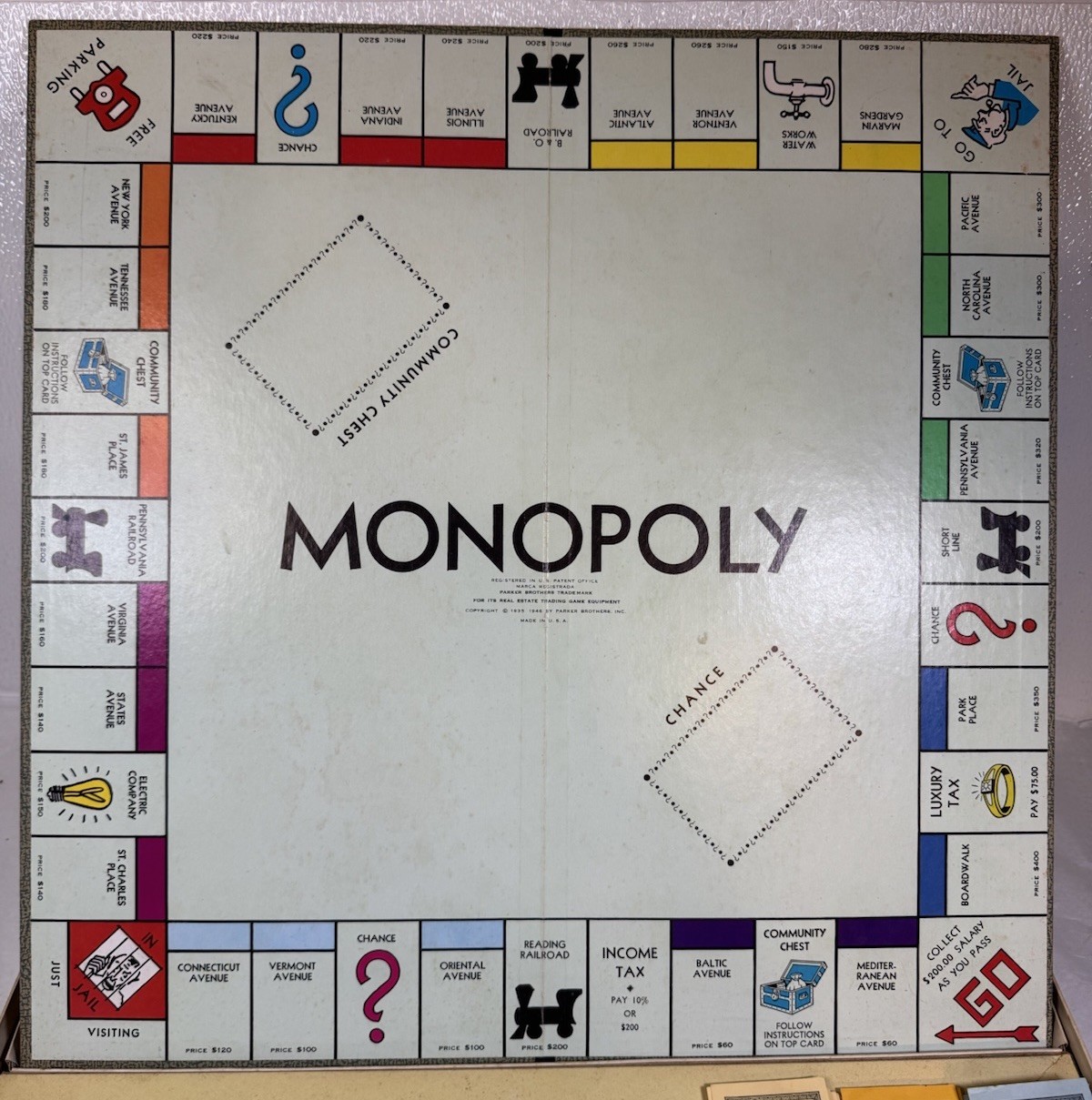 Vintage 1954 Monopoly Game Yellow Box Wooden Tokens Incomplete. See Description.