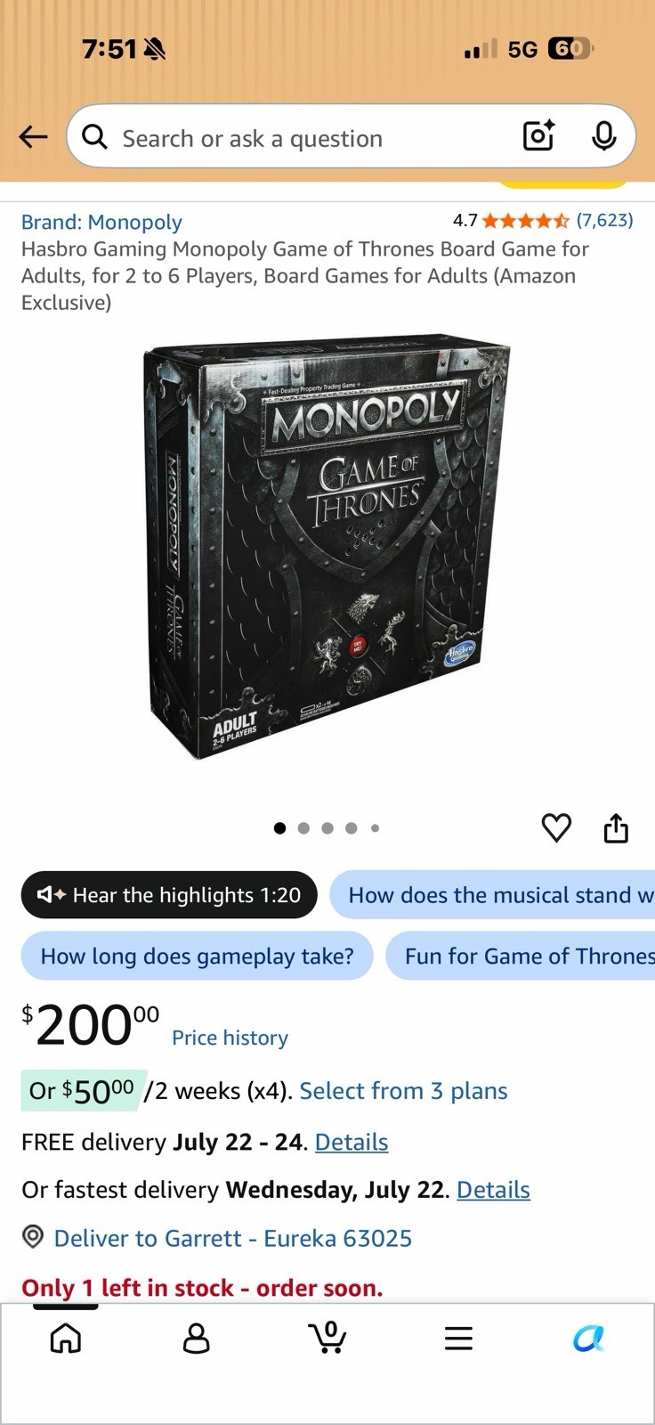 Hasbro Monopoly Game of Thrones Electronic Board Game 2-6 Players 17+ E3279
