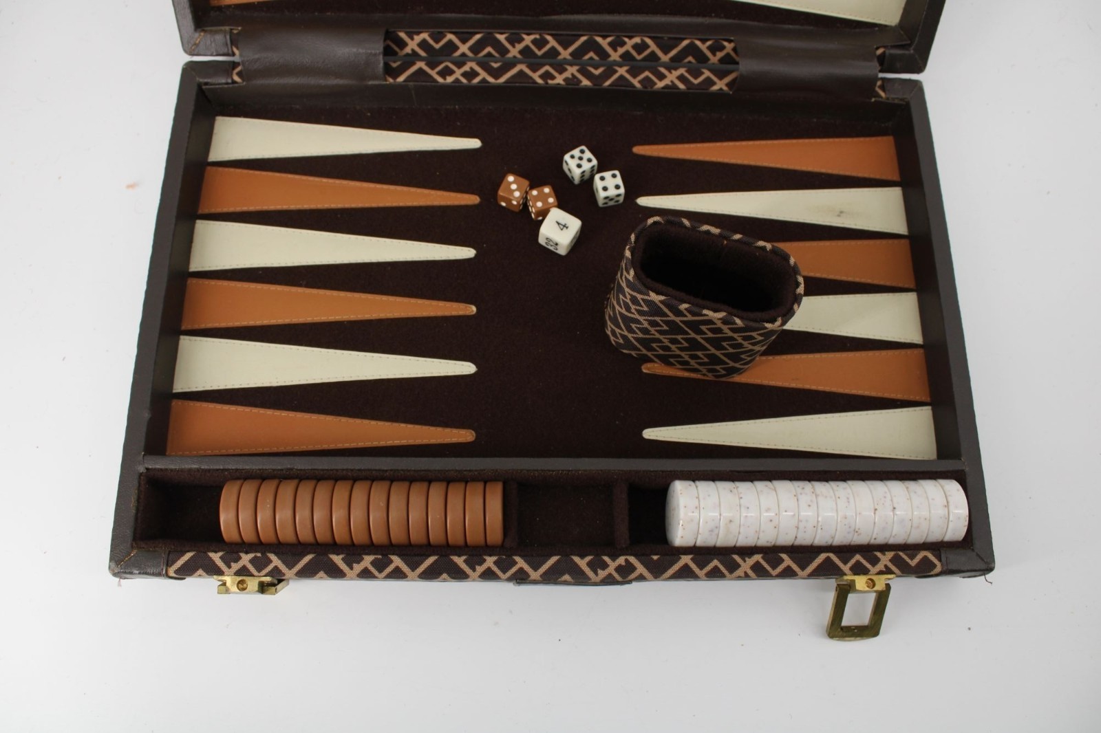 Backgammon Set Vintage 1980s Attache Pattern 94740 Brown Fabric Korea