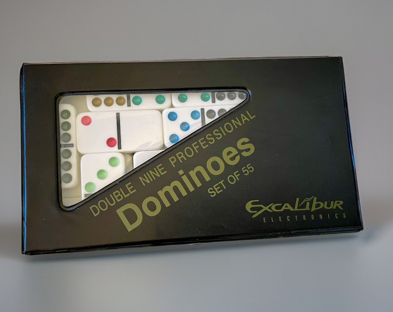 EXCALIBUR PROFFESIONAL DOMINOES Double-Nine Colored Set Of 55 Black Case