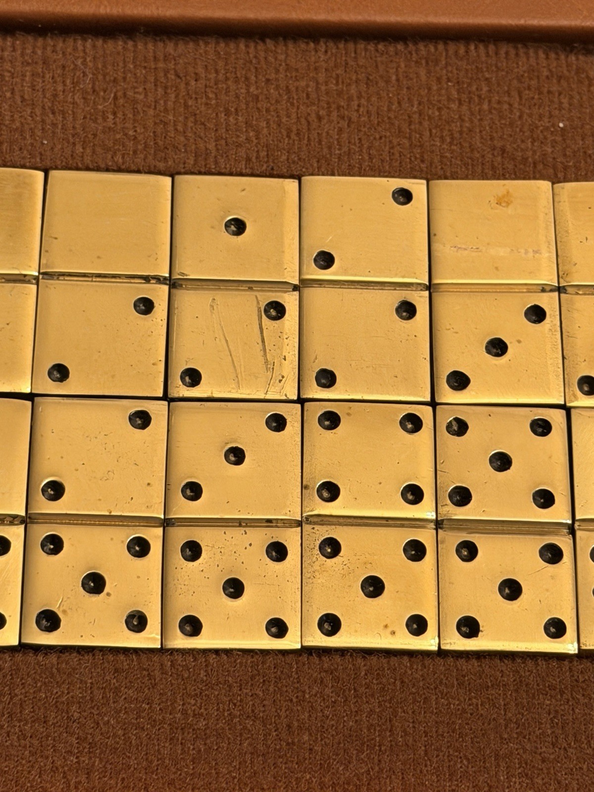 Vintage Mid-Century Solid Brass Double Six Dominoes Set(28) in FauxLeather Case