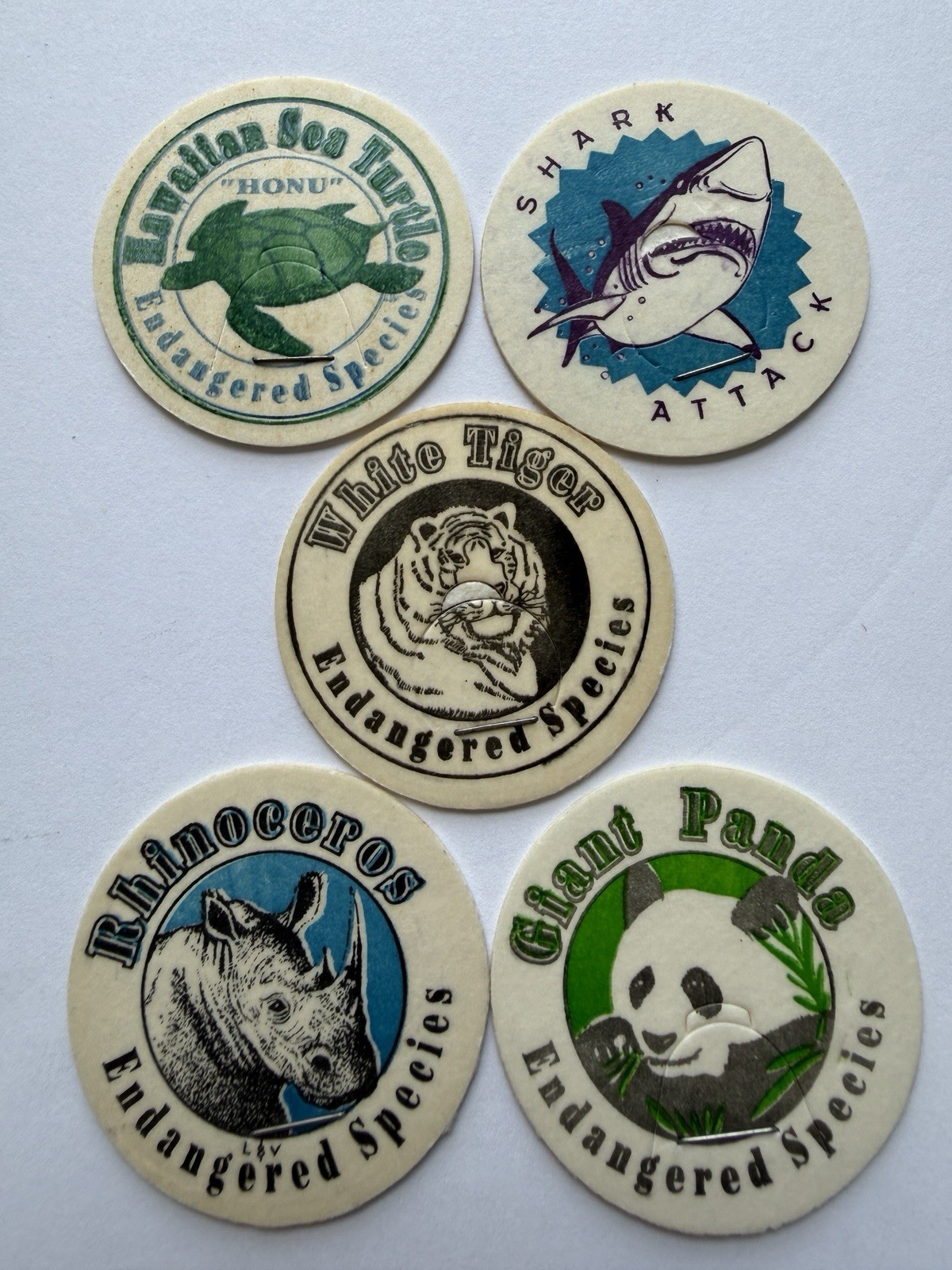 Vintage Endangered Species POG Lot Shark Panda Rhino Tiger Turtle 5pc 1990s