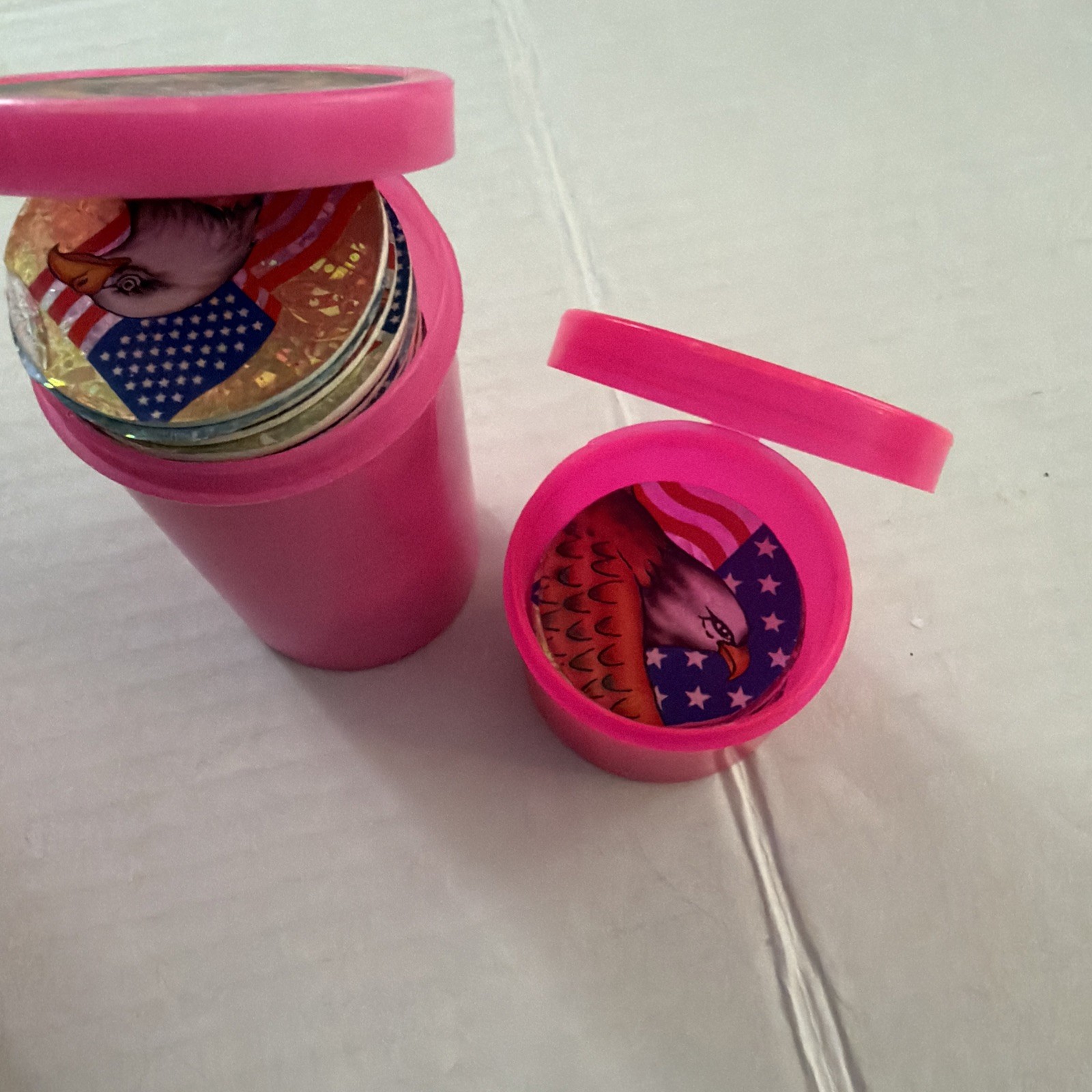 Lot Of 4 Vintage Pog Containers. 3 Medium, 1 Small. All Full Of Old Pogs