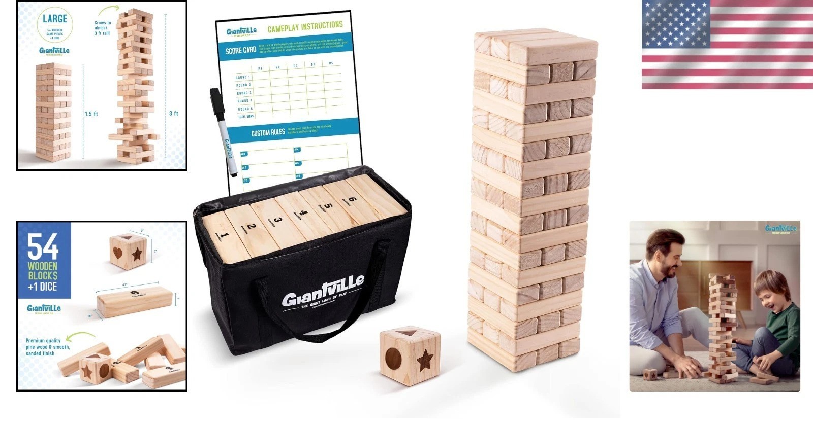 Entertainment for All Ages: 54-Piece Timber Tower Game in Durable Pine Wood