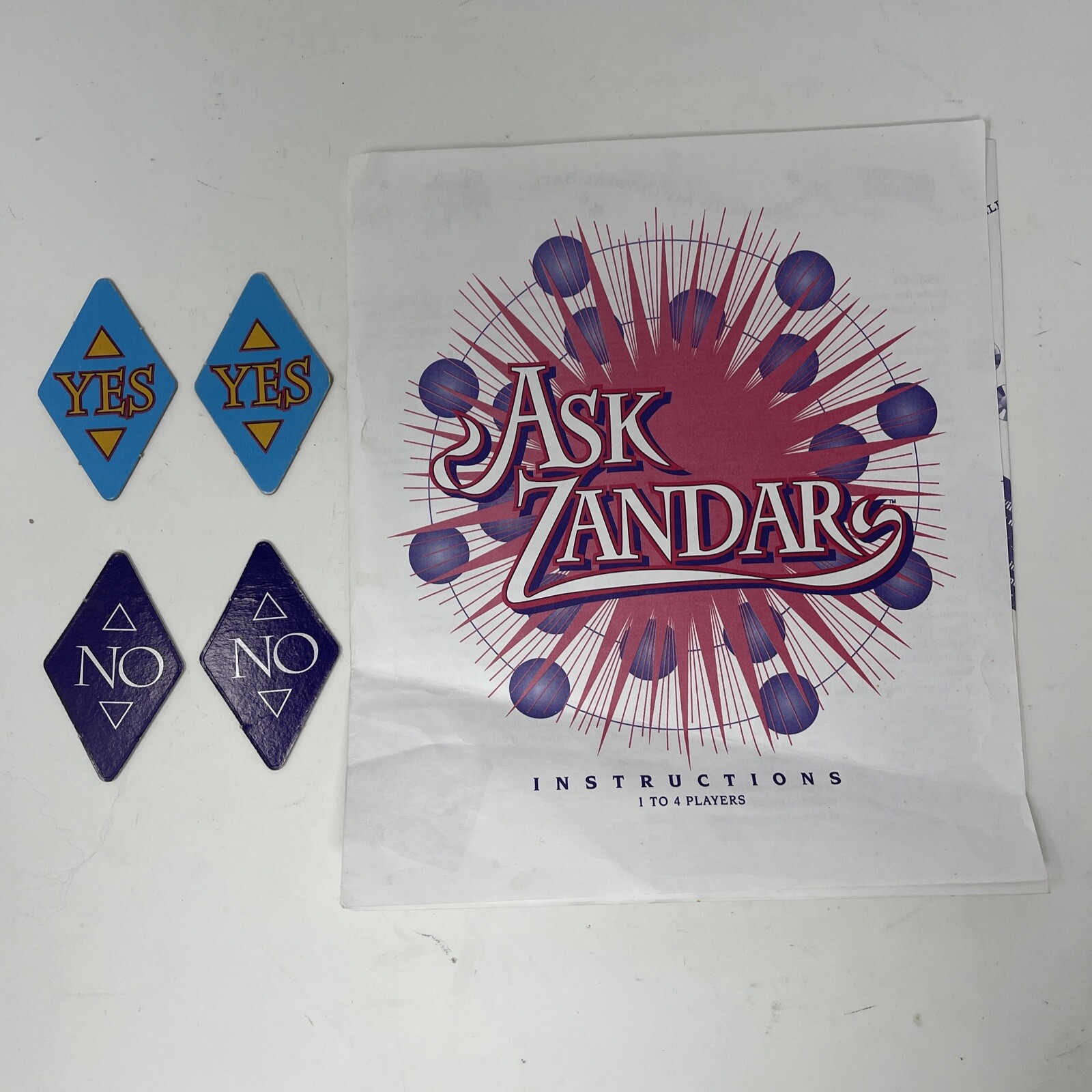 Vintage 1992 Ask Zandar Board Game Replacement Instructions, Yes/No Tokens Only