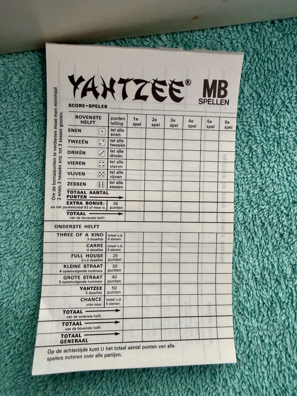 Vintage 1976 Dutch YAHTZEE Game E.S. Lowe dice and cup. – Unused Score Sheets.