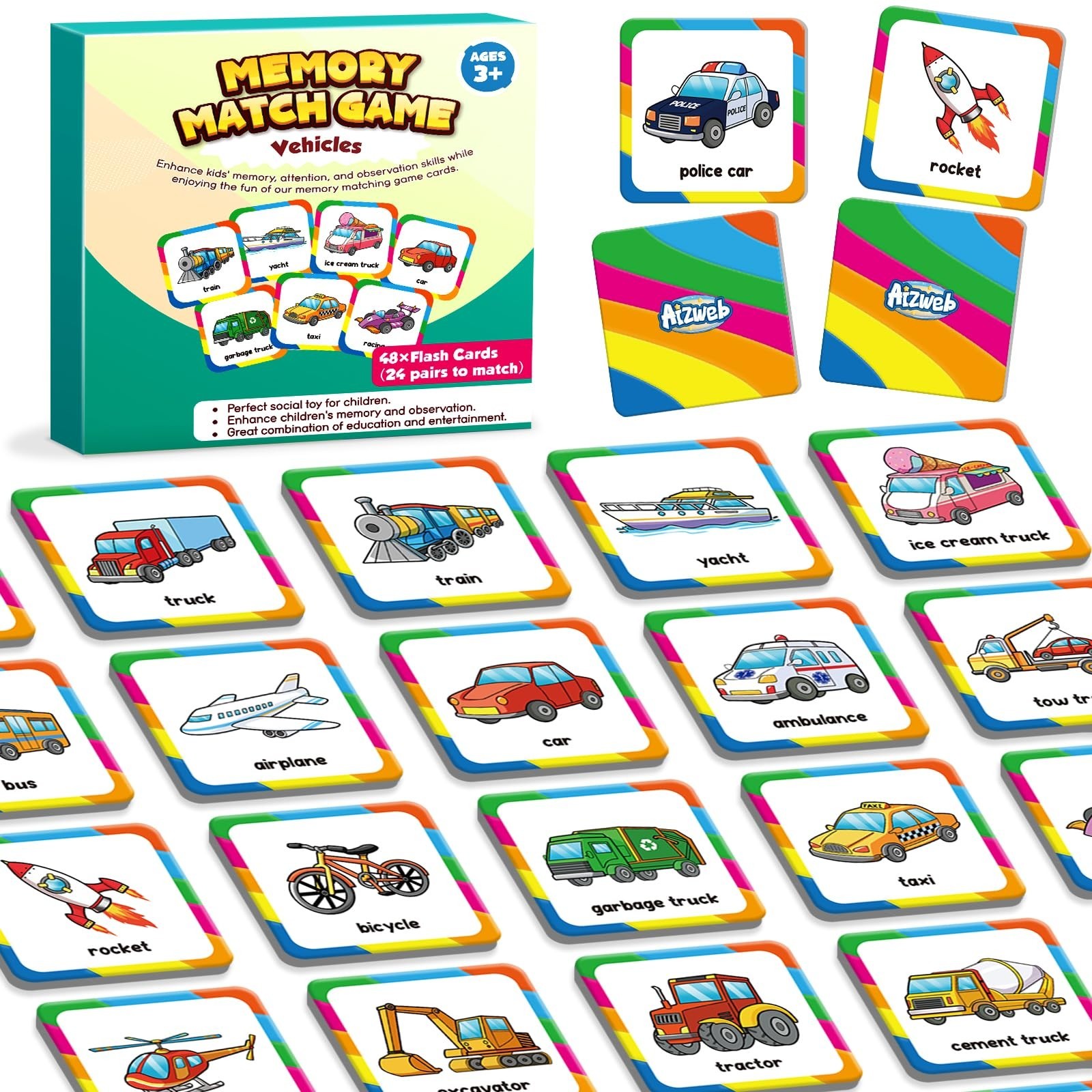 48 Pcs Vehicle Memory Match Game for Kids 3-6, Educational Flash Cards, Toddler