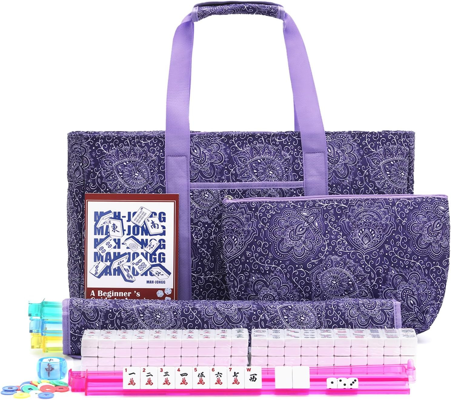 American Mahjong Tile Set with Purple Printed Carrying Bag, 166 Premium White Ti