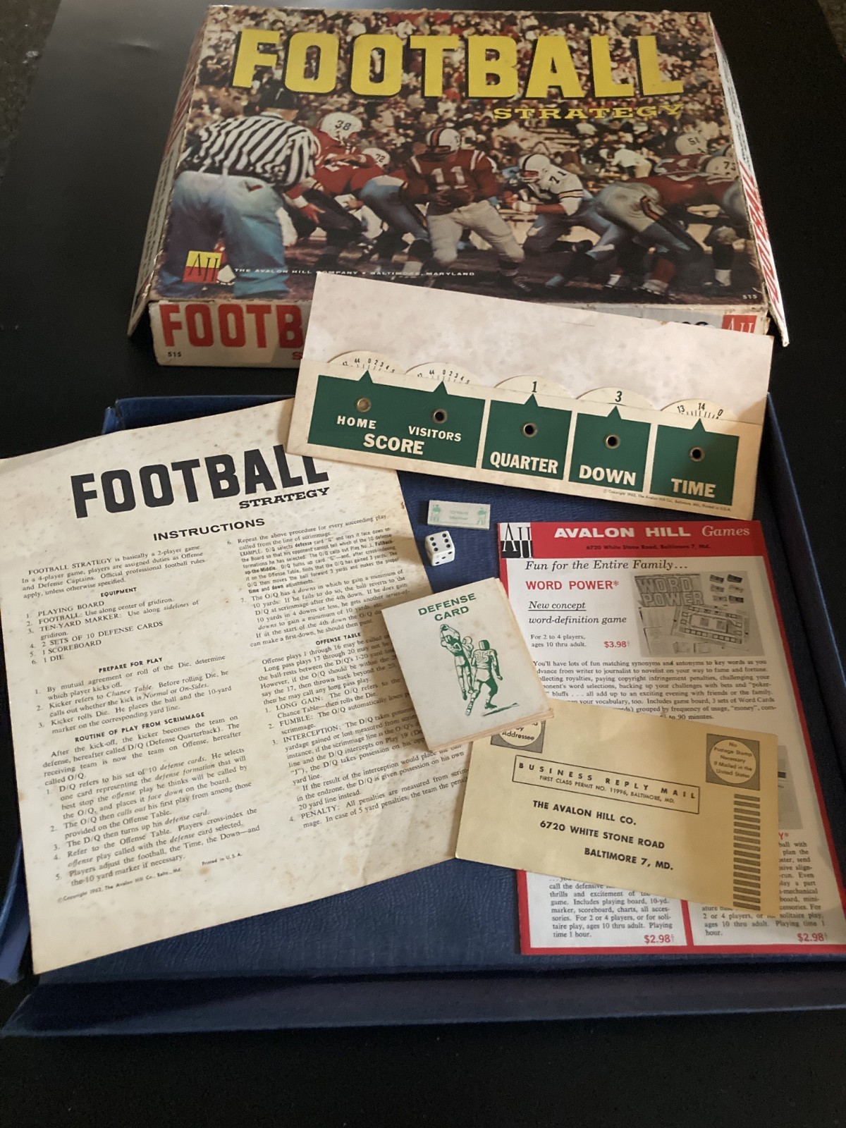 1962 Football Strategy Boxed Boardgame The Avalon Hill Company Missing Football