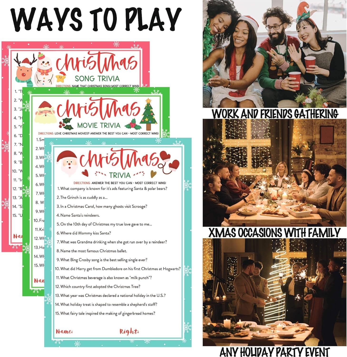 Christmas Trivia Game Cards 63 Pcs Guessing Activity 3 Themes