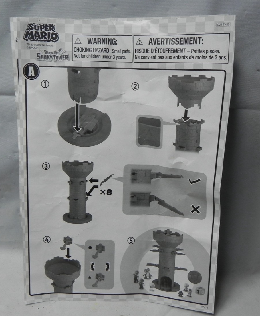 Super Mario Shaky Tower game FOR PARTS Figures, die, Bowser ball & instructions