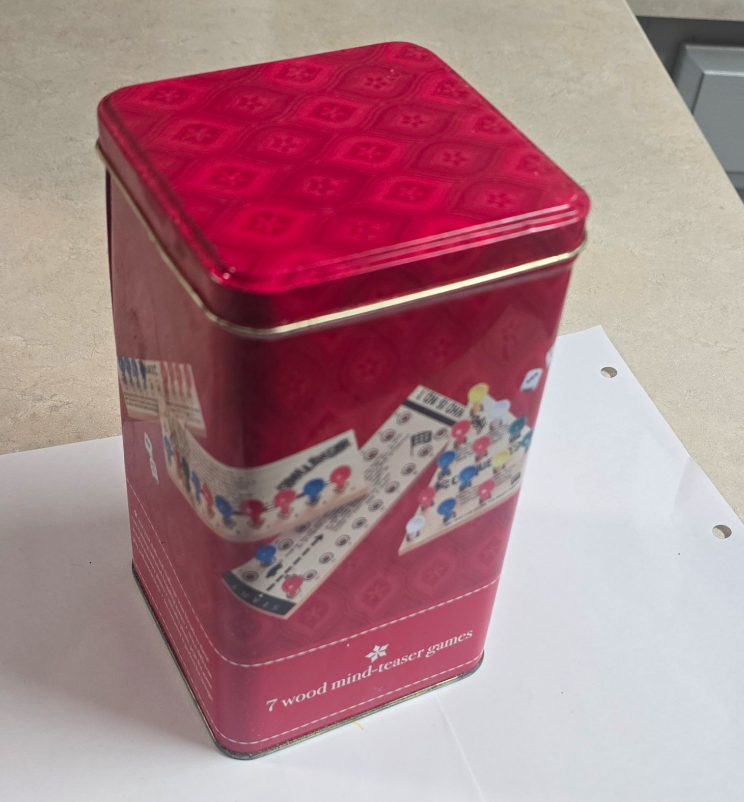 7 Wood Mind-Teaser Games Wooden Puzzle Set in Tin w/ Dice & Pegs