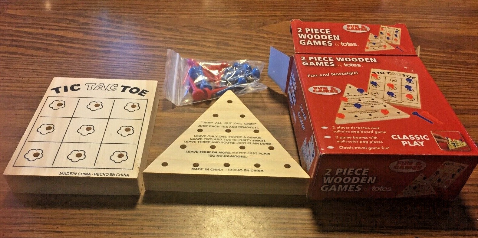 2 Piece Wooden Games By Totes Tic-Tac-Toe & Solitaire Mini Travel Peg Boards New