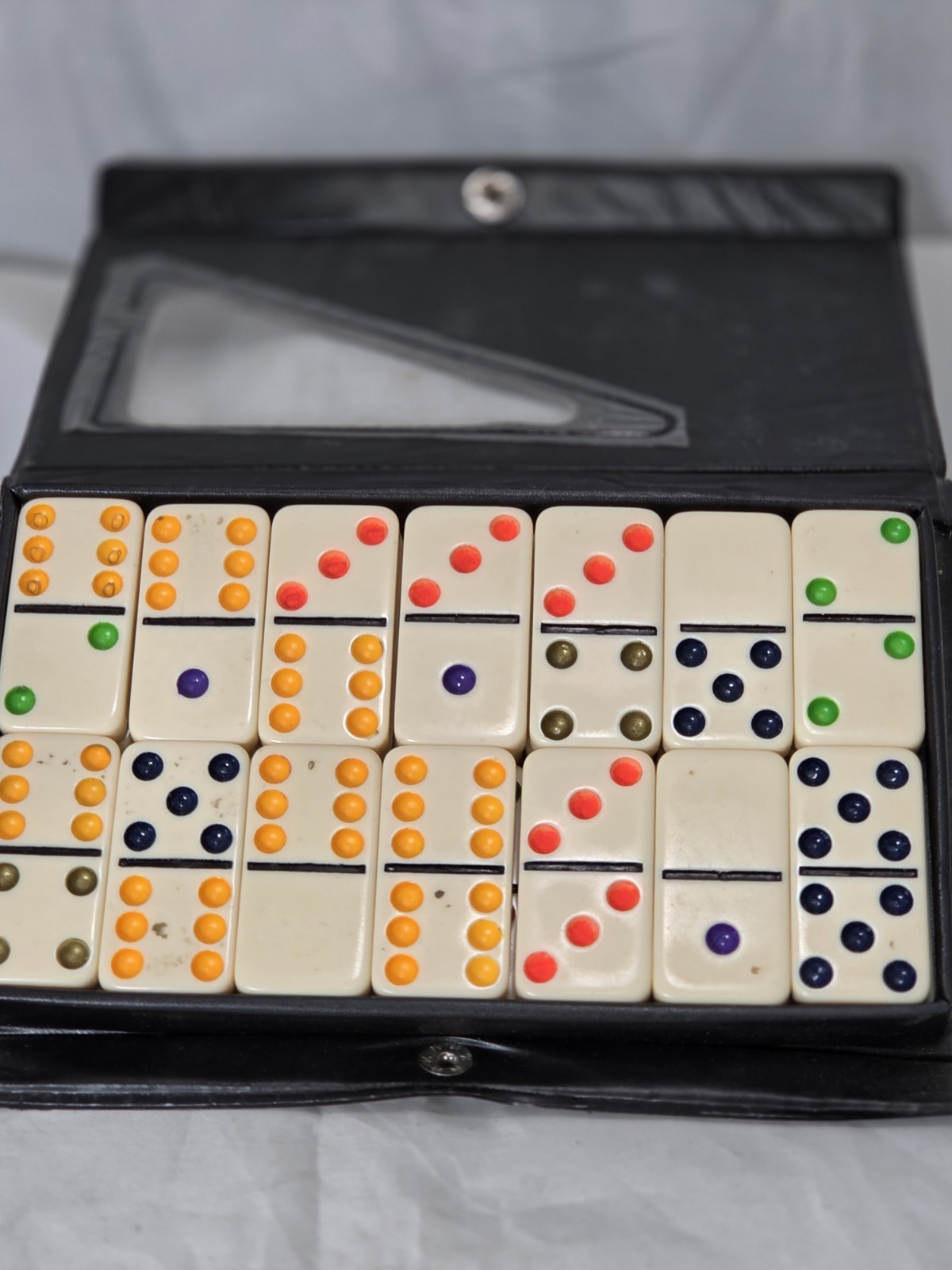 VINTAGE Dbl Six Jumbo Domino Set In Case 28 Pieces ,Ivory & Bright Colors.
