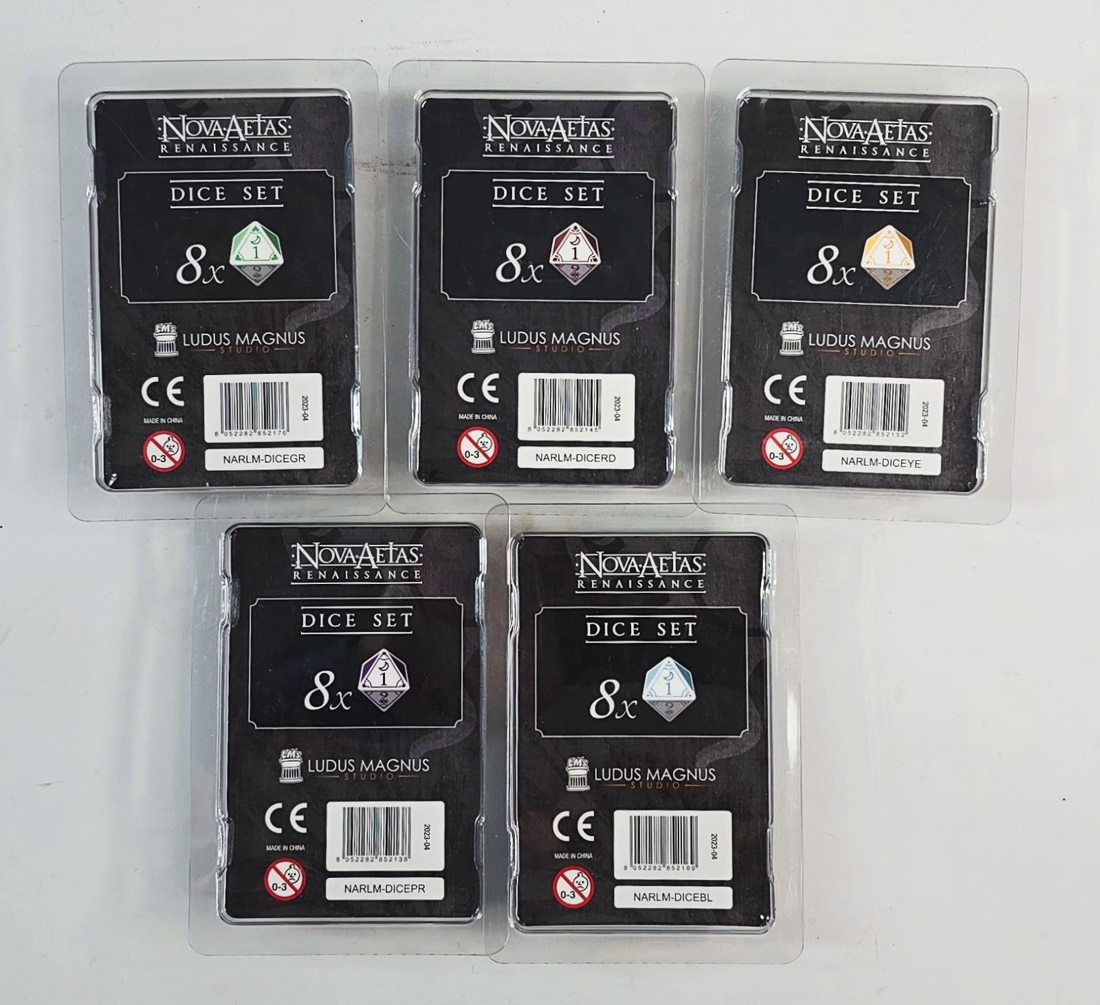 Nova Aetas Renaissance: Dice Set (Blue, Yellow, Red, Green, Purple) – SEALED