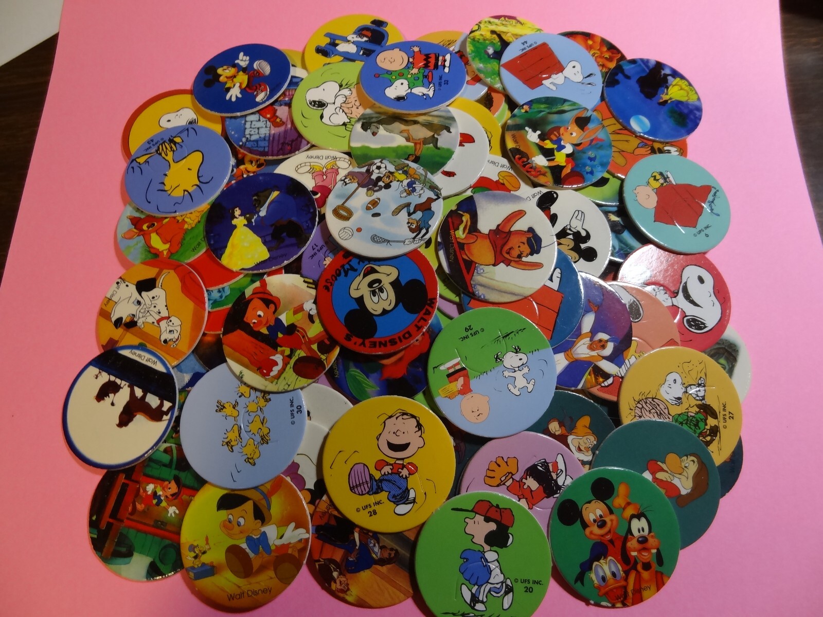 POGS * 100 Disney Characters & Snoopy Variety * 5 Misc Slammers * Plastic/Metal
