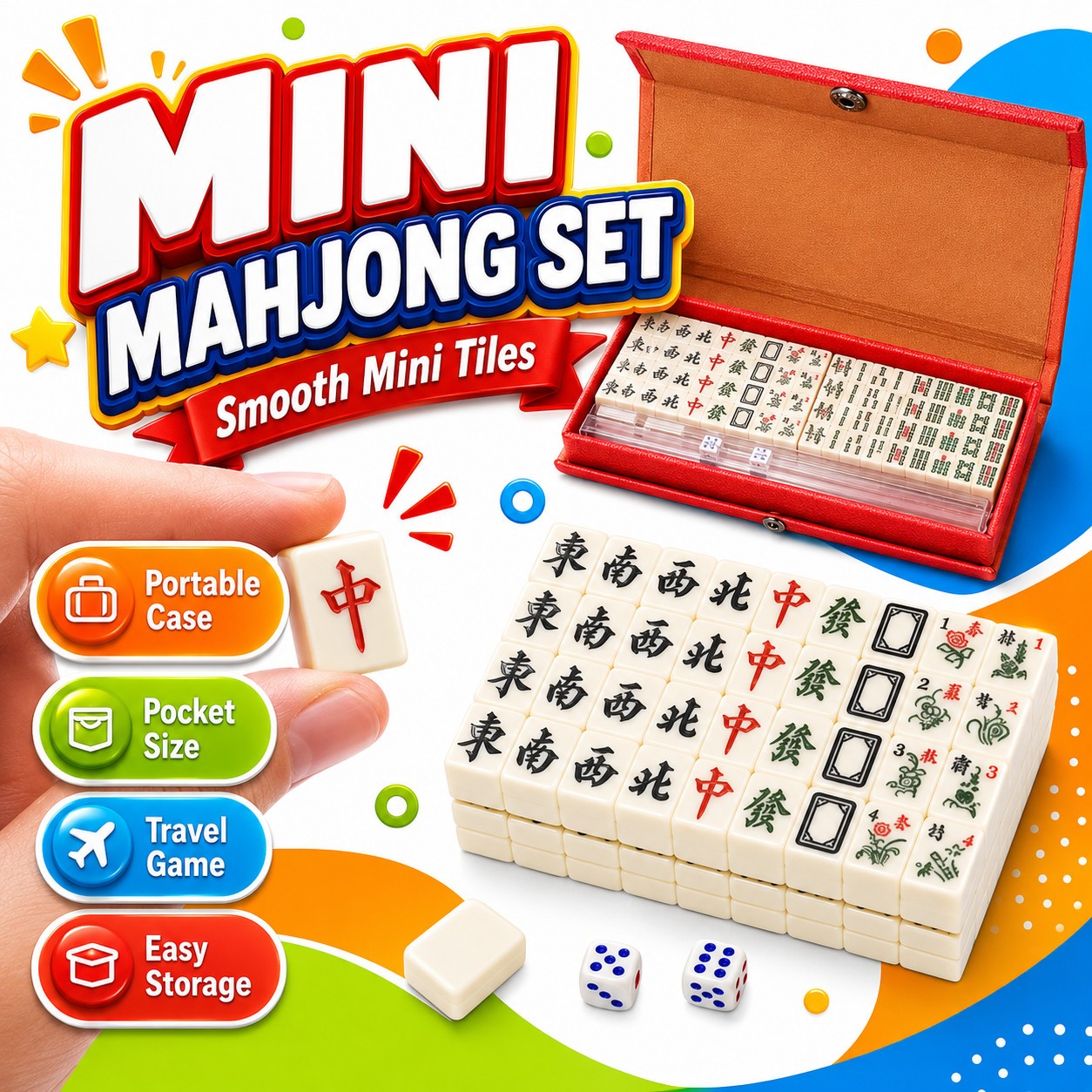 Mini Mahjong Game Set Travel Size Tiles with Storage Case Dice Kids Adults Party