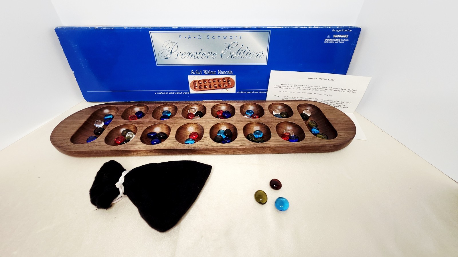 Vtg FAO Schwarz Cardinal MANCALA Premiere Edition Solid Walnut Wood & Gemstones