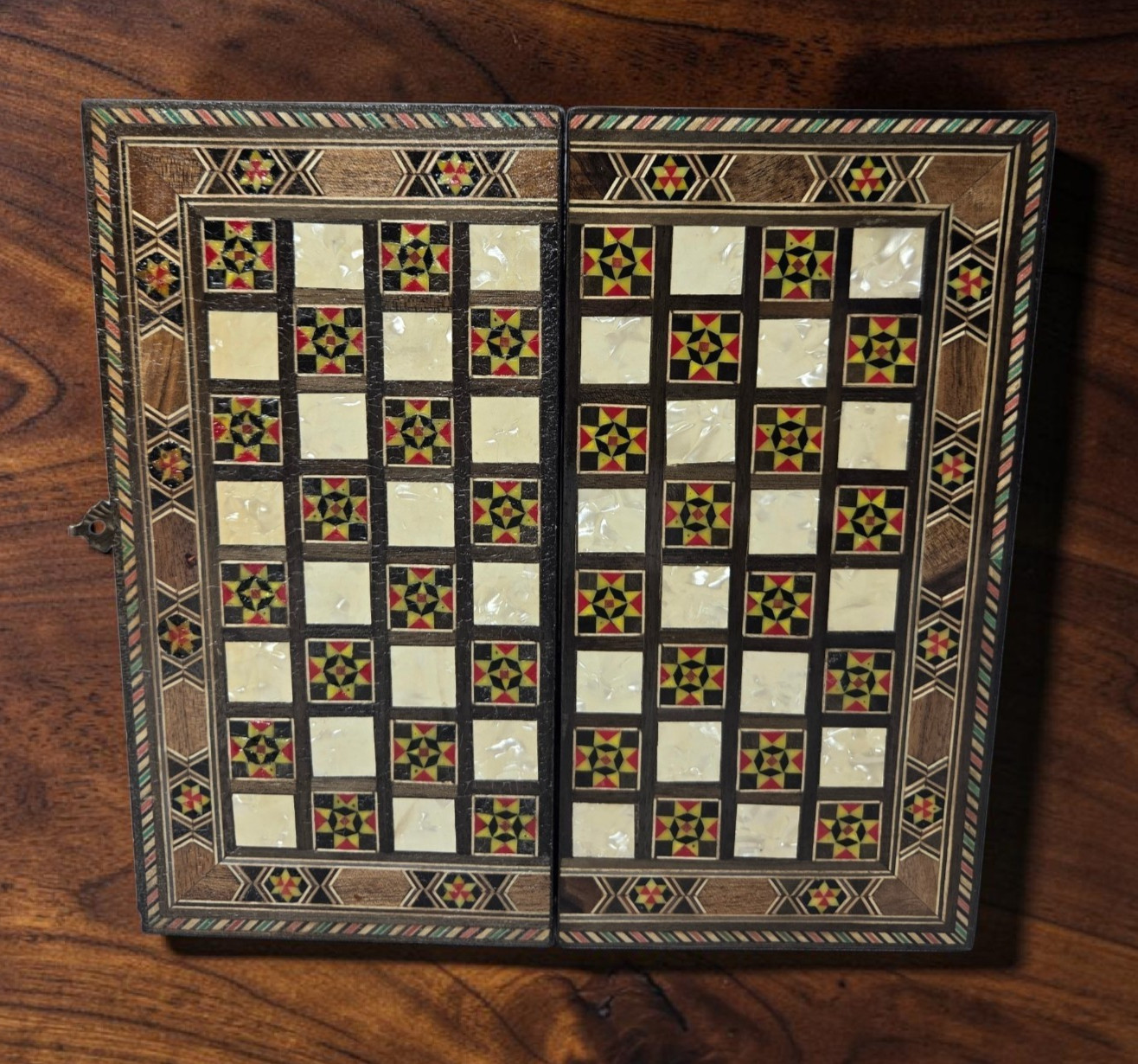 Lebanese Backgammon And Checker Board Set With Mother Of Pearl/Walnut Inlays