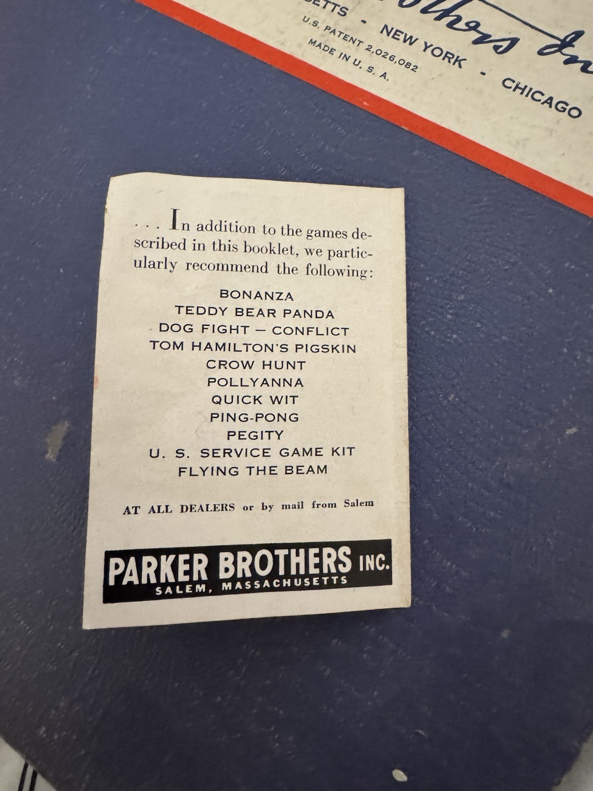 1935 Monopoly Set – Parker Bros. Blue Box, Single Patent No. 2,026,082 – Rare