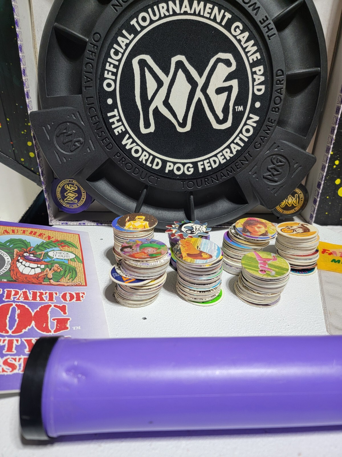 94 Pog the Game “World Pog Federation” VTG Milton Bradley 205 POG 4 Metal SLMRS