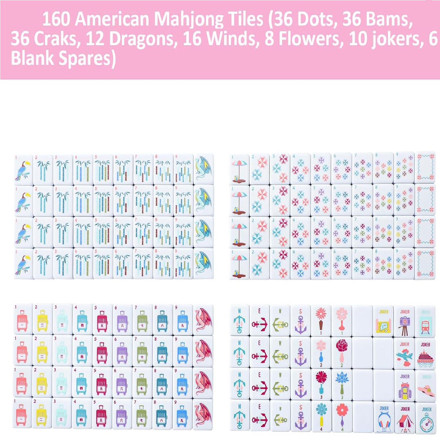 160 Pink Printed American Mahjong Game Set with Carrying Bag and Accessories,