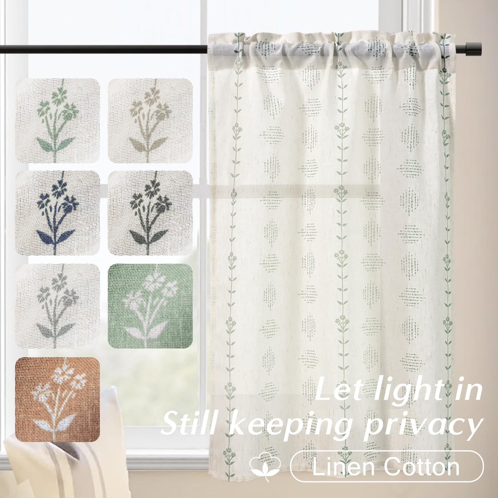 Lino Rosa Cabinet Curtains for Under 24″W x 30″L (Pack of 2), Light Green