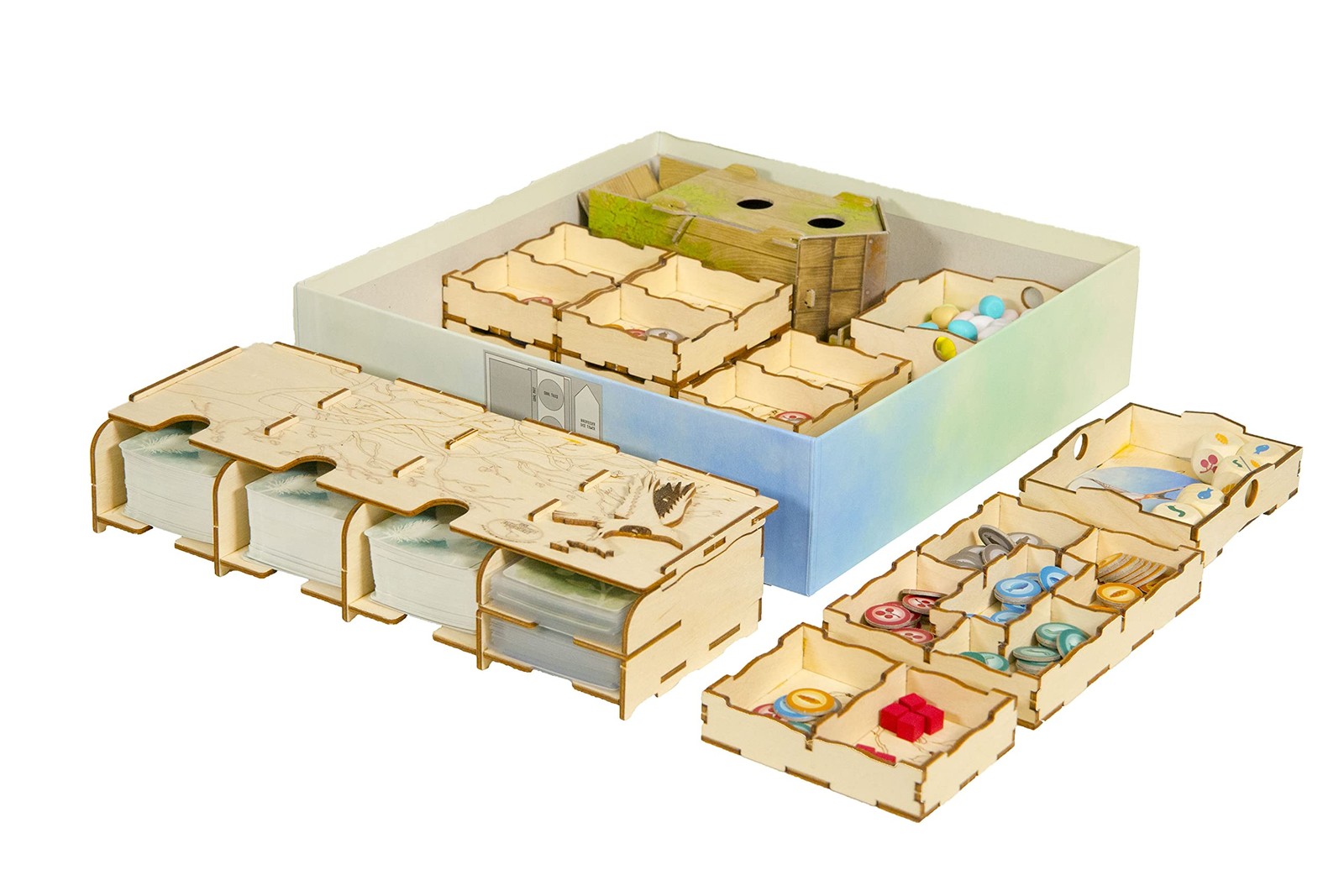 Game Organizer with Wingspan – Wooden Game Organizing Box with Multiple Trays