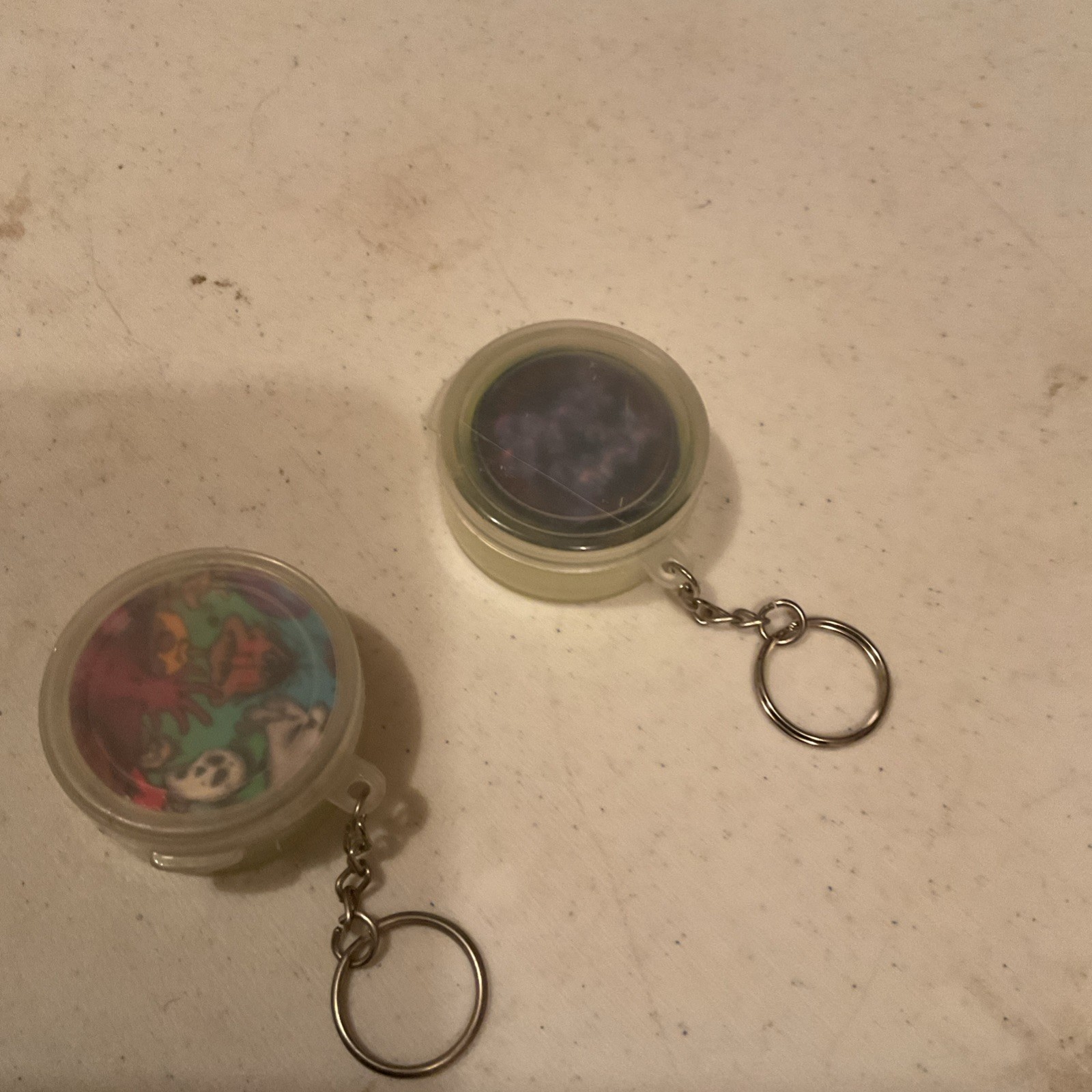 2 Vintage POG Game Pieces Slammers Storage Container Keychain Pogs Keyring Lot