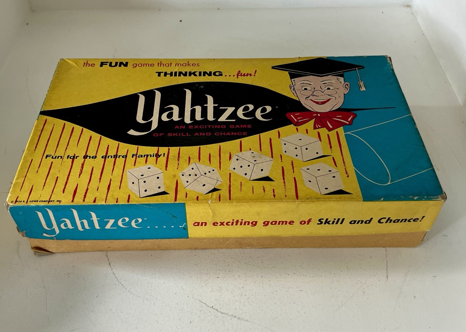 Vintage 1956 Yahtzee Complete E.S. Lowe Dice Game w Dice Cup Box Manual VG! MCM