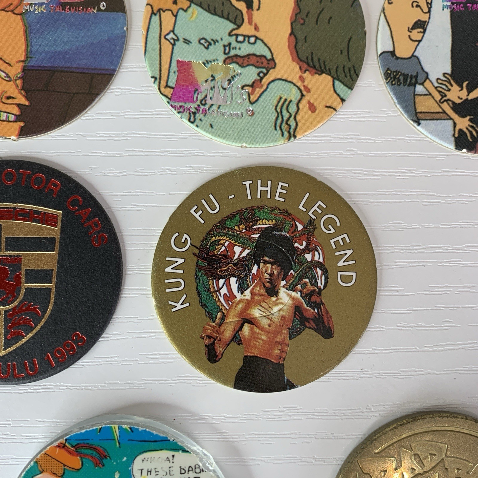 Vintage Pogs Slammers 1992 Beavis Butthead Bruce Lee Porsche Bad Boy Case Xlnt