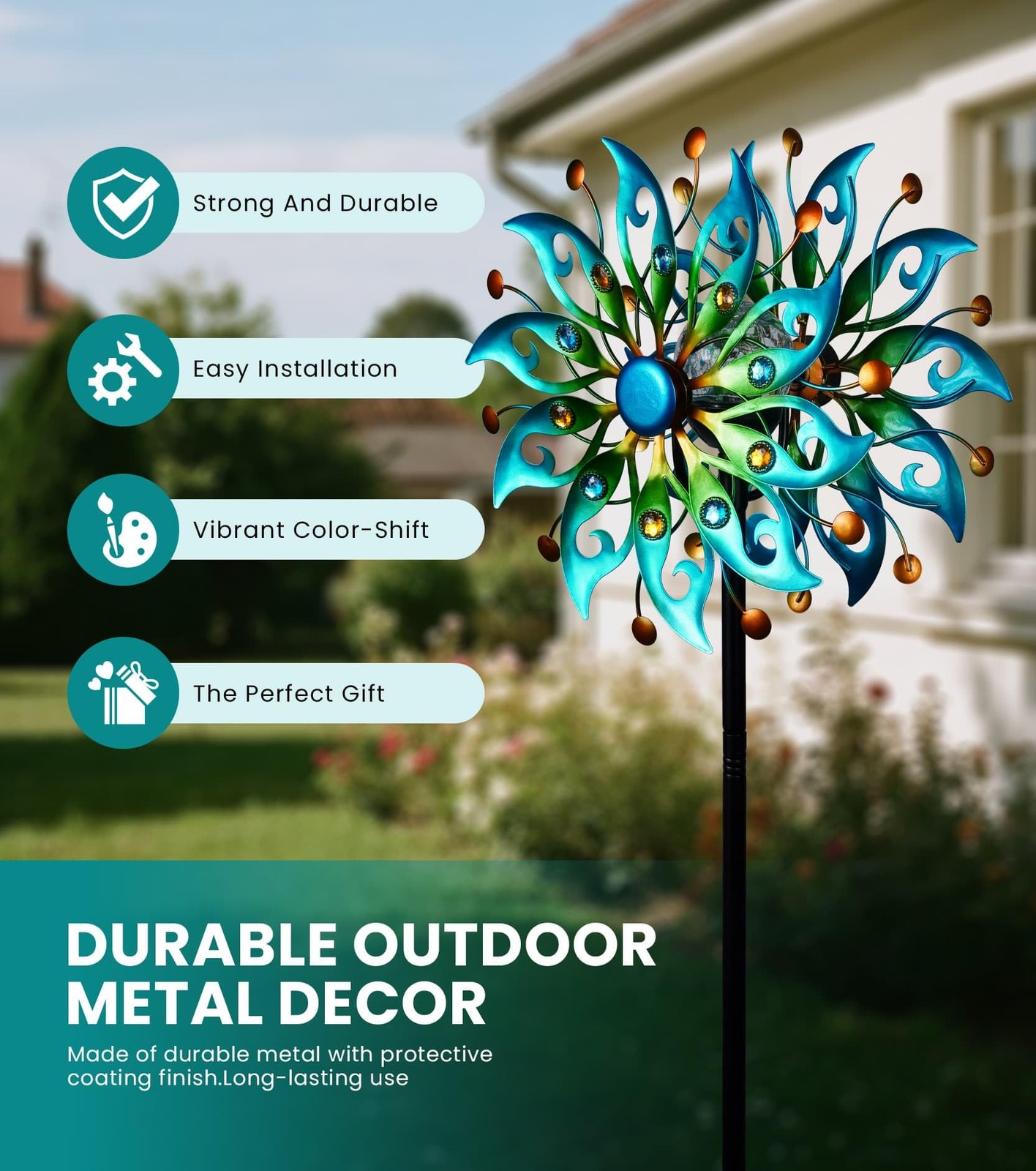 Solar Wind Spinner Outdoor 63×13 Metal Kinetic Garden LED Whirling VUFOZ H63xW13