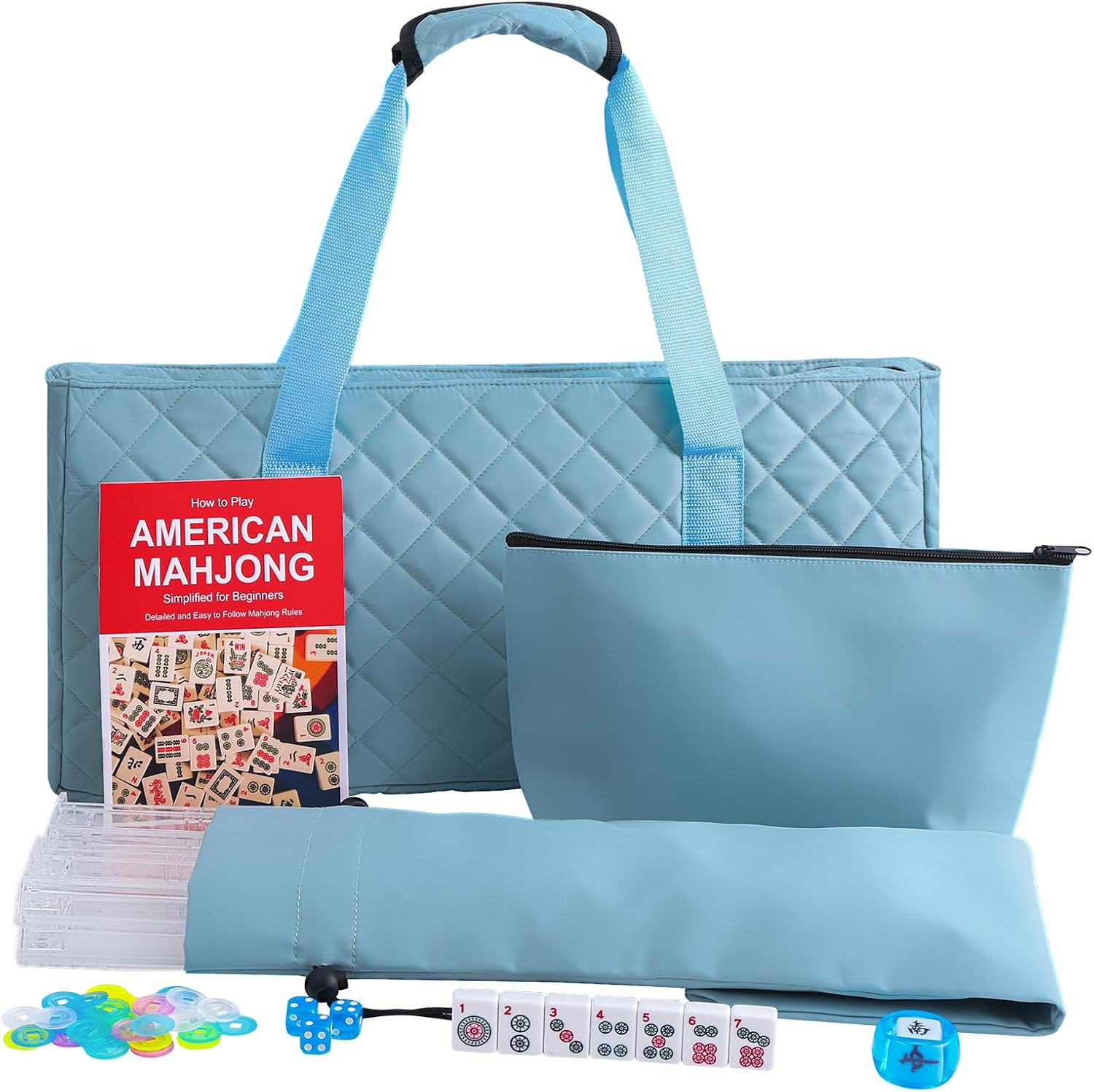 American Mahjong Set with Light Blue Carrying Bag, 166 White Tiles, 4 Racks with