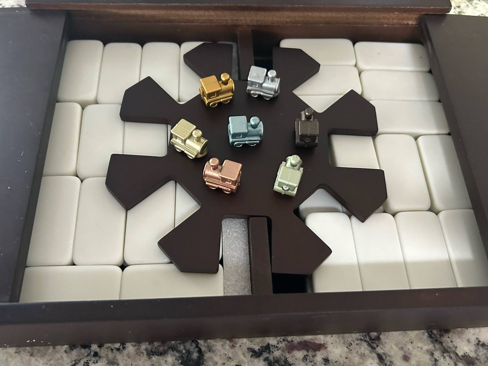 Excalibur Mexican Train Dominoes in Solid Mahogany Wood Box