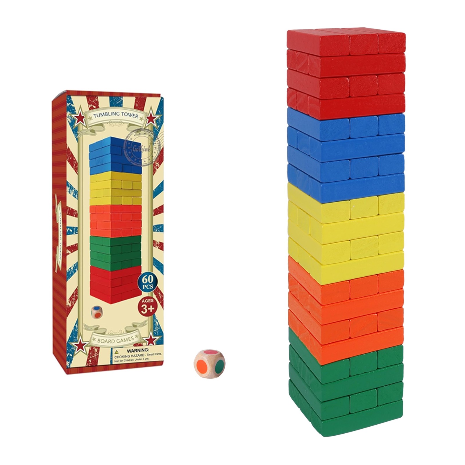Wooden Blocks Stacking Game with Storage Box, 60PCS Toppling Colorful Tower B…