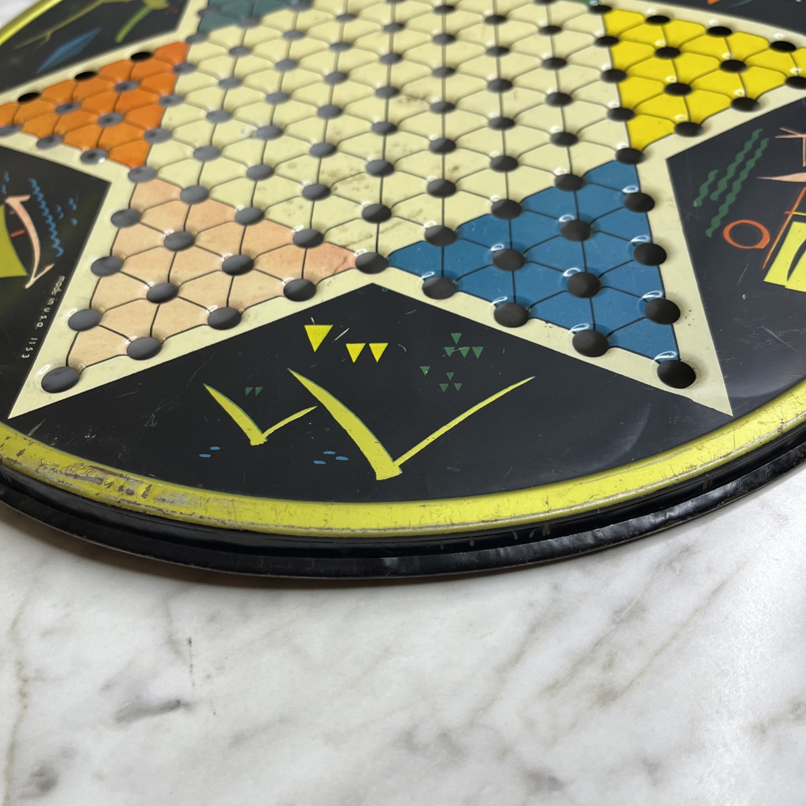 Vintage Pressman Toy Corp Chinese Checker Board Round Metal Multicolor 1153 USA