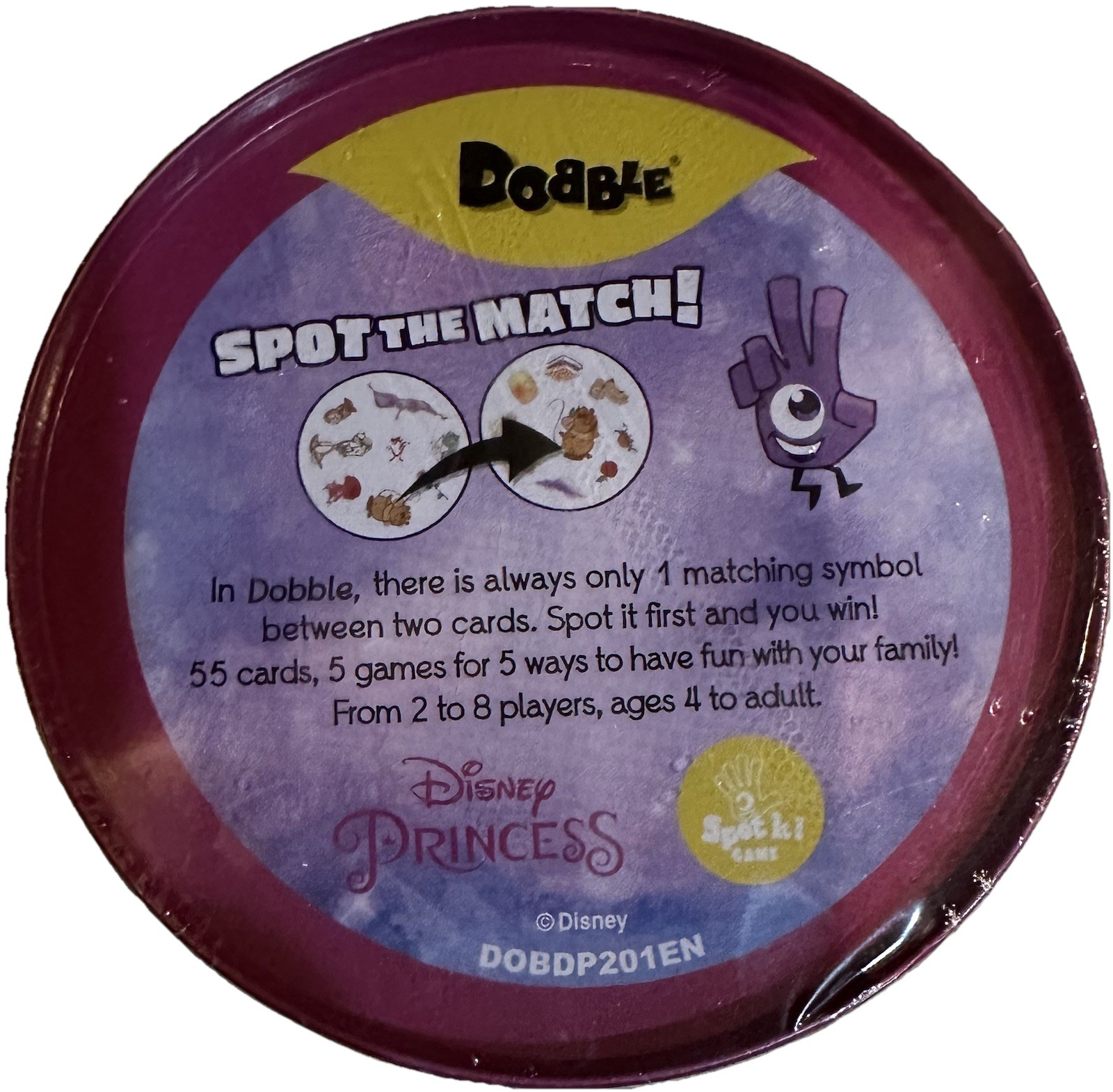 DISNEY PRINCESS DOBBLE SPOT IT ROUND CARD GAME TRAVEL BELLE JASMINE TIANA AURORA