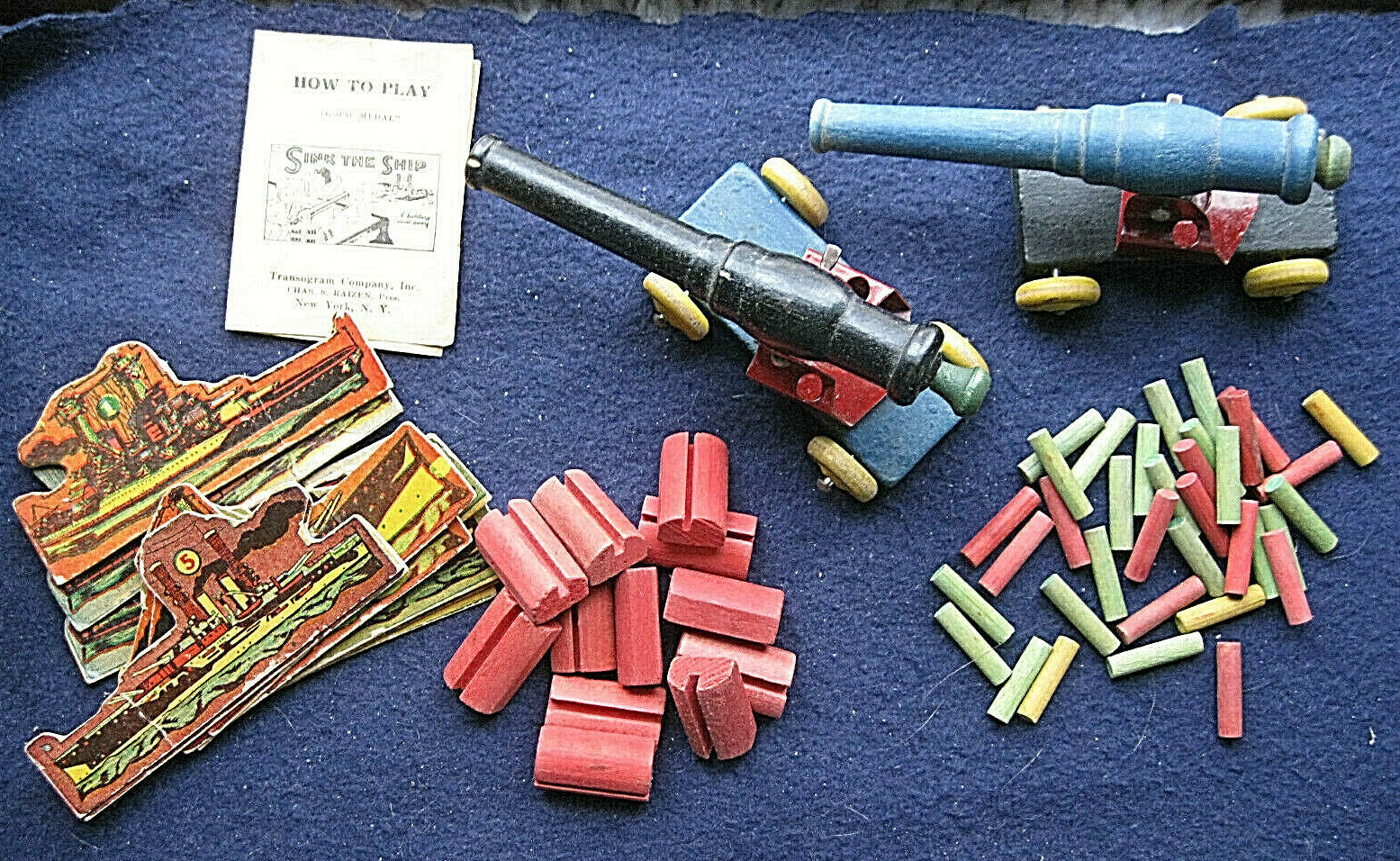1942 “SINK THE SHIP” Transogram Battle Game w Box, 2 Wooden Cannons +++