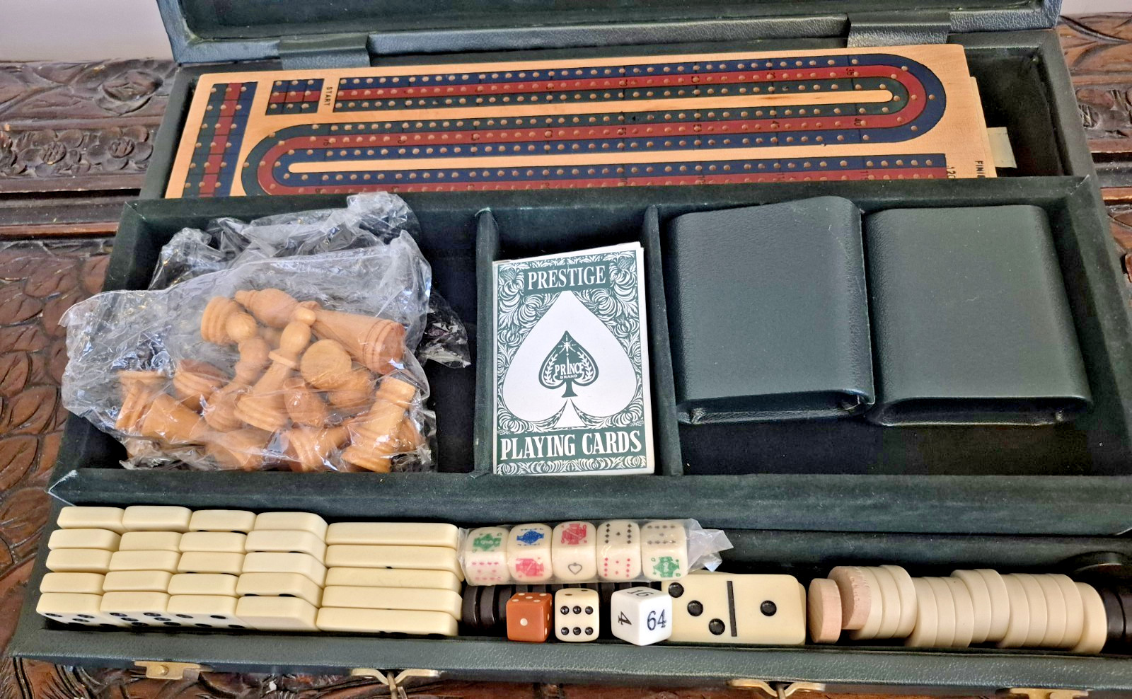 Deluxe Genuine Green Leather Case Backgammon Chips Chess Set Cribbage Poker Rare