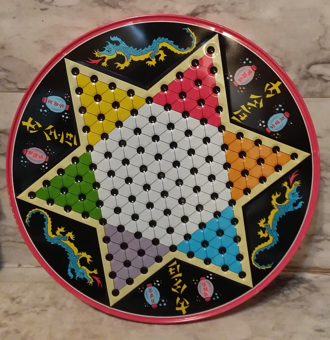 Vntg OHIO ART 12″ Tin Litho CHINESE CHECKERS #535H Board Game w/ Marbles & Box