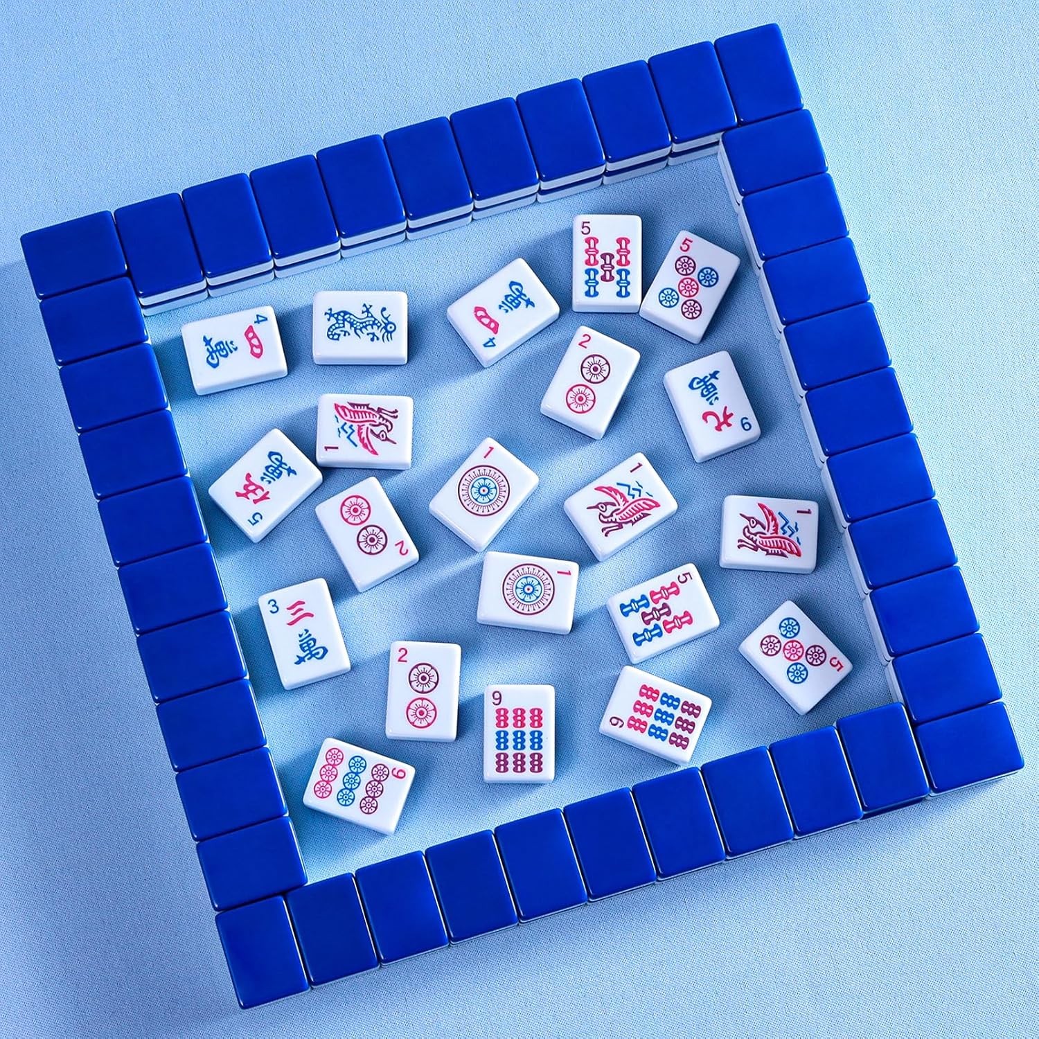 American Mahjong Set: 166 Dark Blue Tiles, 4 Clear Racks with Pushers, Mahjong B