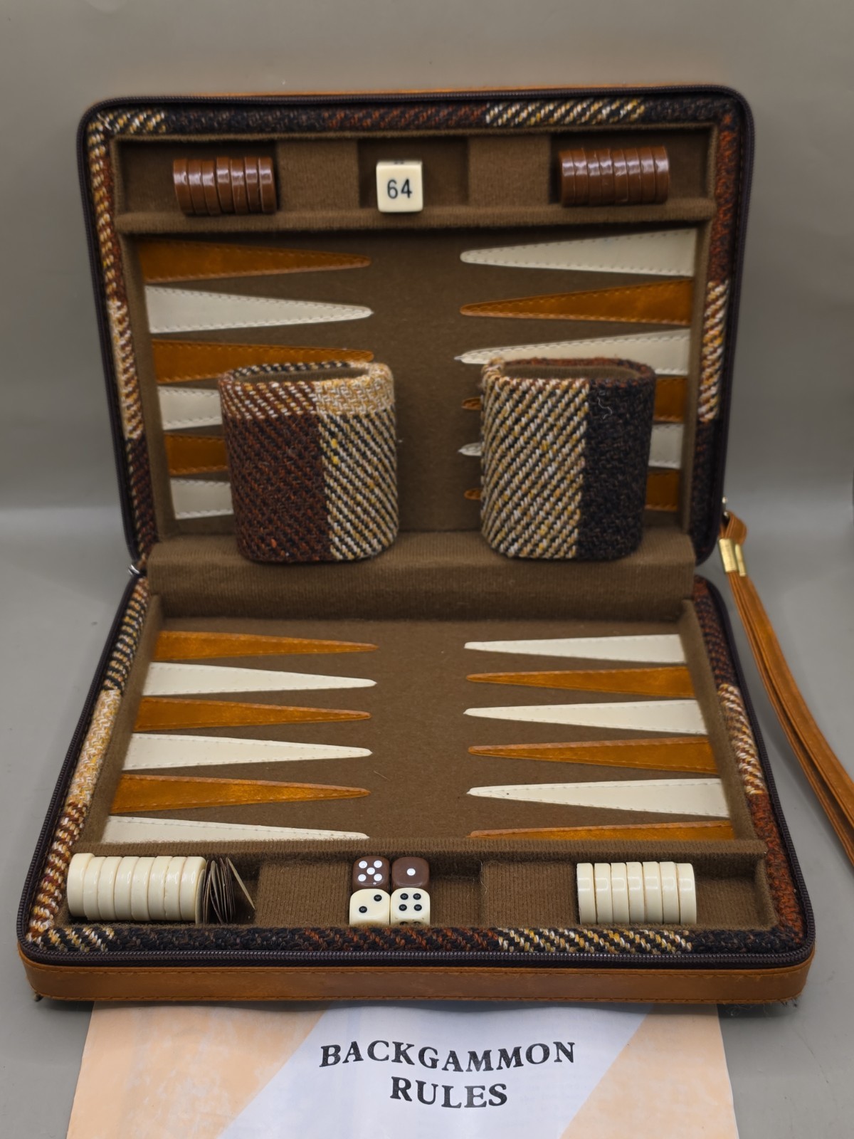 Vintage Backgammon Set Zippered Travel Case Brown Plaid Wool & Leather Complete