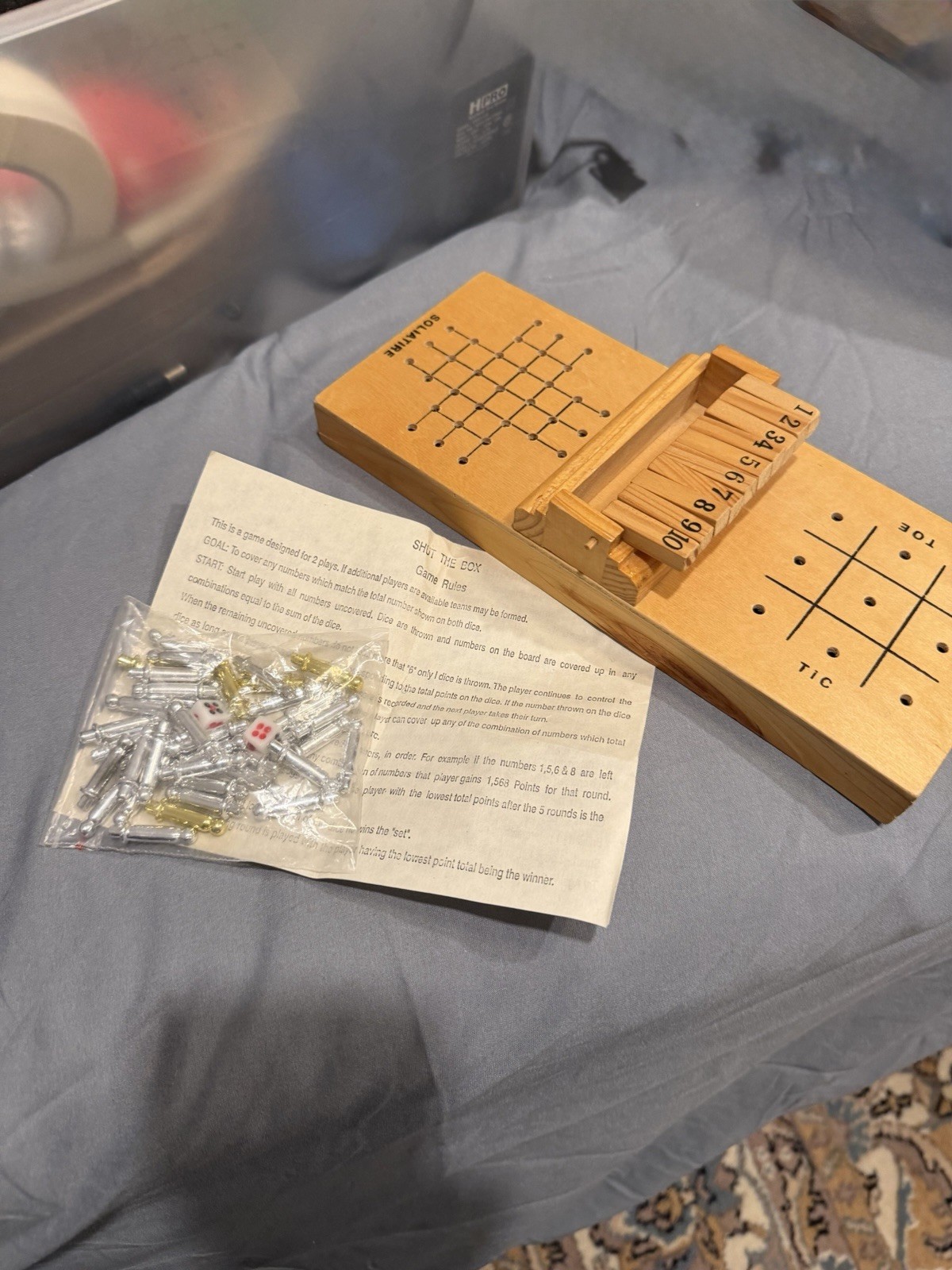 Mini Wood 3 in 1 Game Set, Tic Tac Toe, Peg Solitaire, Shut The Box W/ Storage