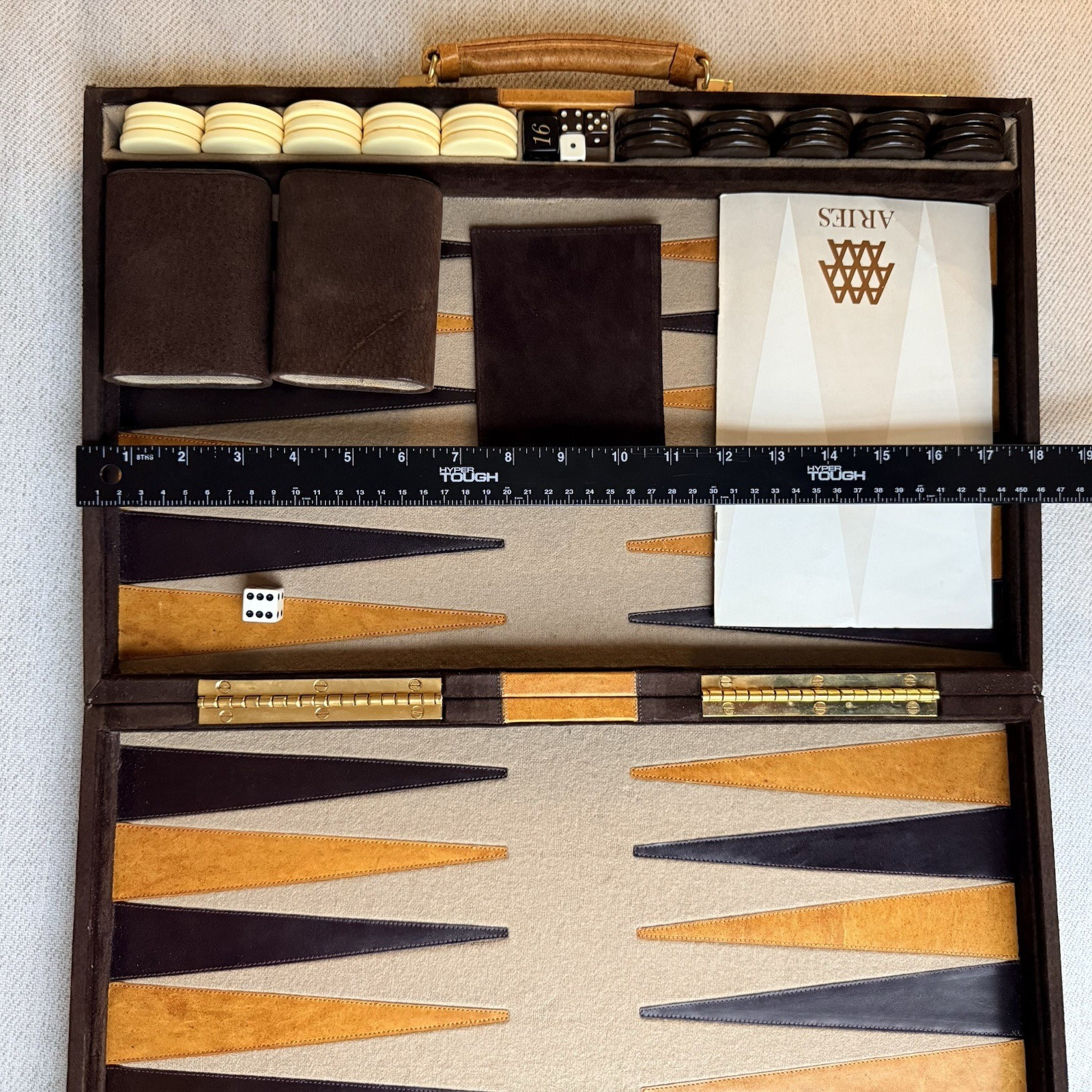 Vintage Aries Mexico Pigskin leather Backgammon Set Case Complete checkers W/Key