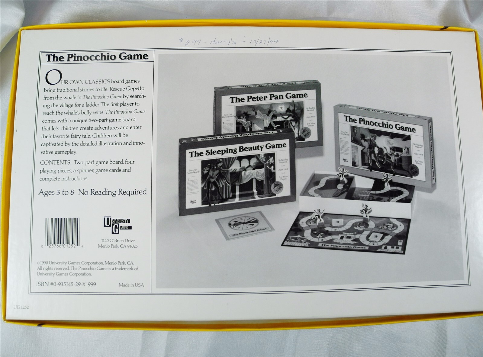 The Pinocchio Game University Games 1990 Board Game Ages 3-8 Made in USA UG 1252