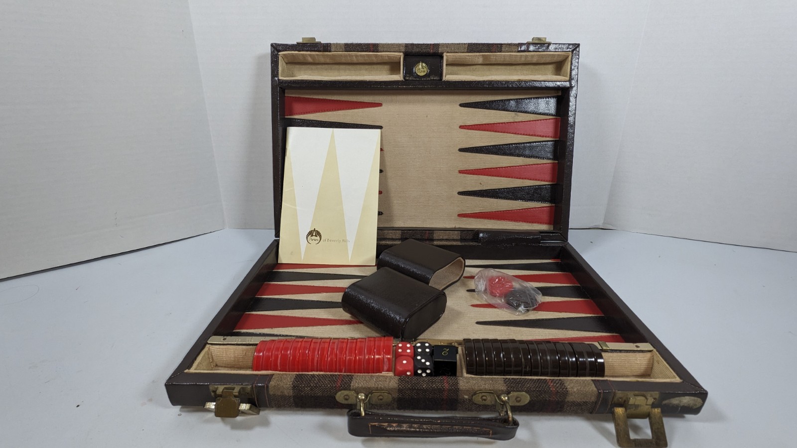 Vintage Aries Of Beverly Hills Backgammon Set Brown And Red Plaid COMPLETE